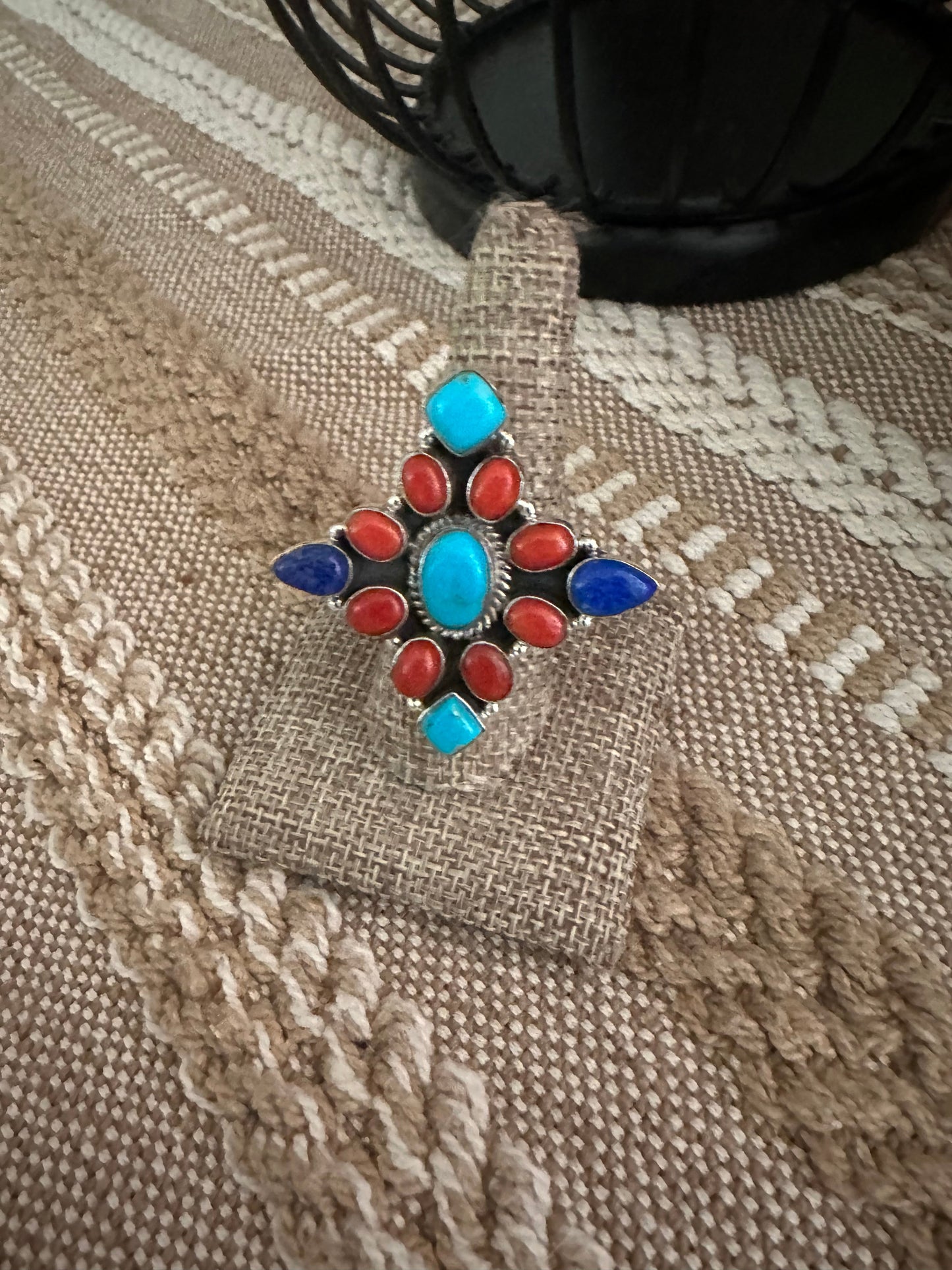 Beautiful Handmade Sterling Silver Lapis, Turquoise & Coral Adjustable Ring