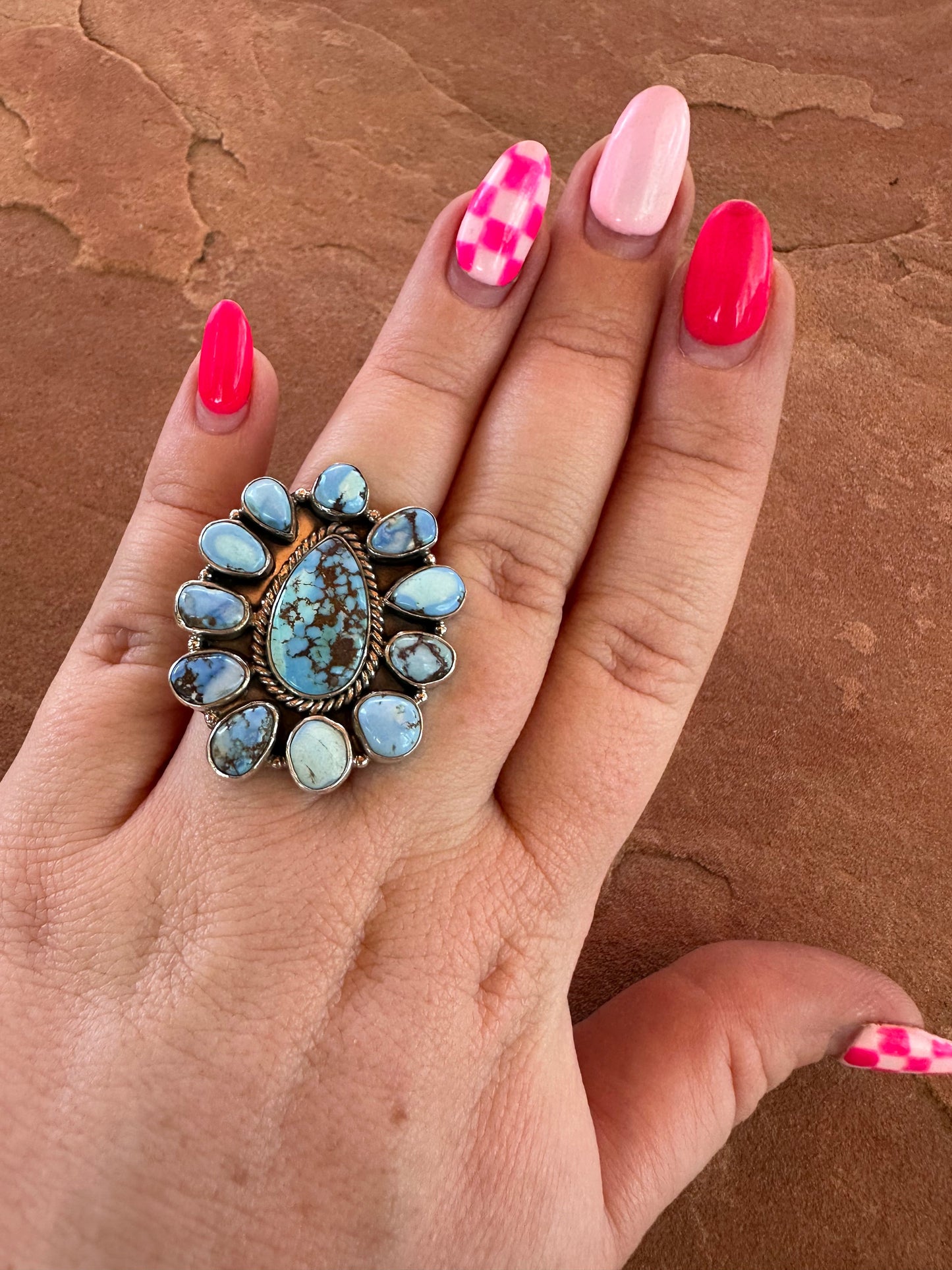 Beautiful Handmade Golden Hills Turquoise And Sterling Silver Adjustable Cluster Ring