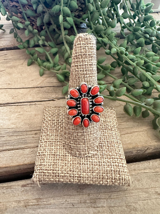 Beautiful Handmade Natural Coral And Sterling Silver Adjustable Square Cluster Ring style 2