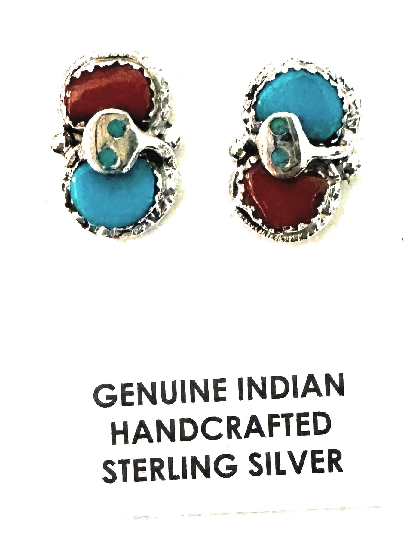 Zuni Sterling Silver, Turquoise & Coral Post Earrings by Effie Calavaza