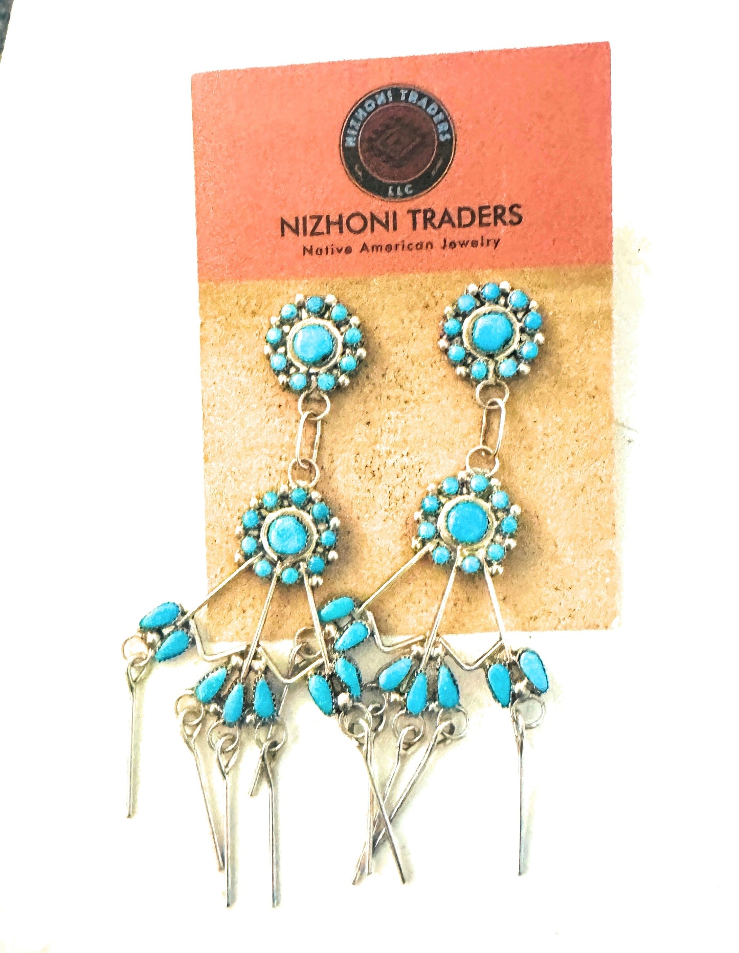 Zuni Sterling Silver & Turquoise Flower Chandelier Dangle Earrings