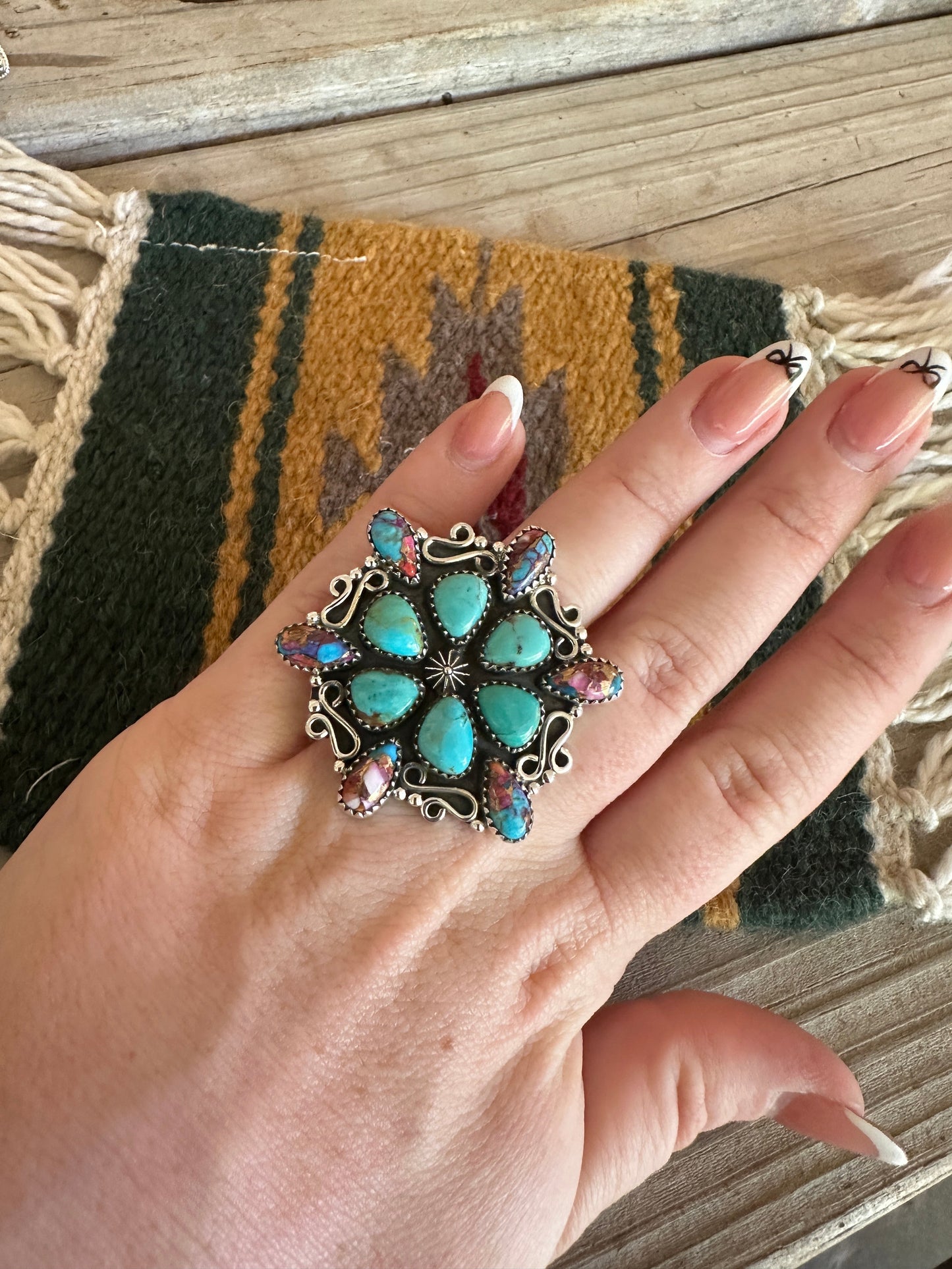 Beautiful Handmade Pink Dream Mojave, Turquiose And Sterling Silver Adjustable Ring