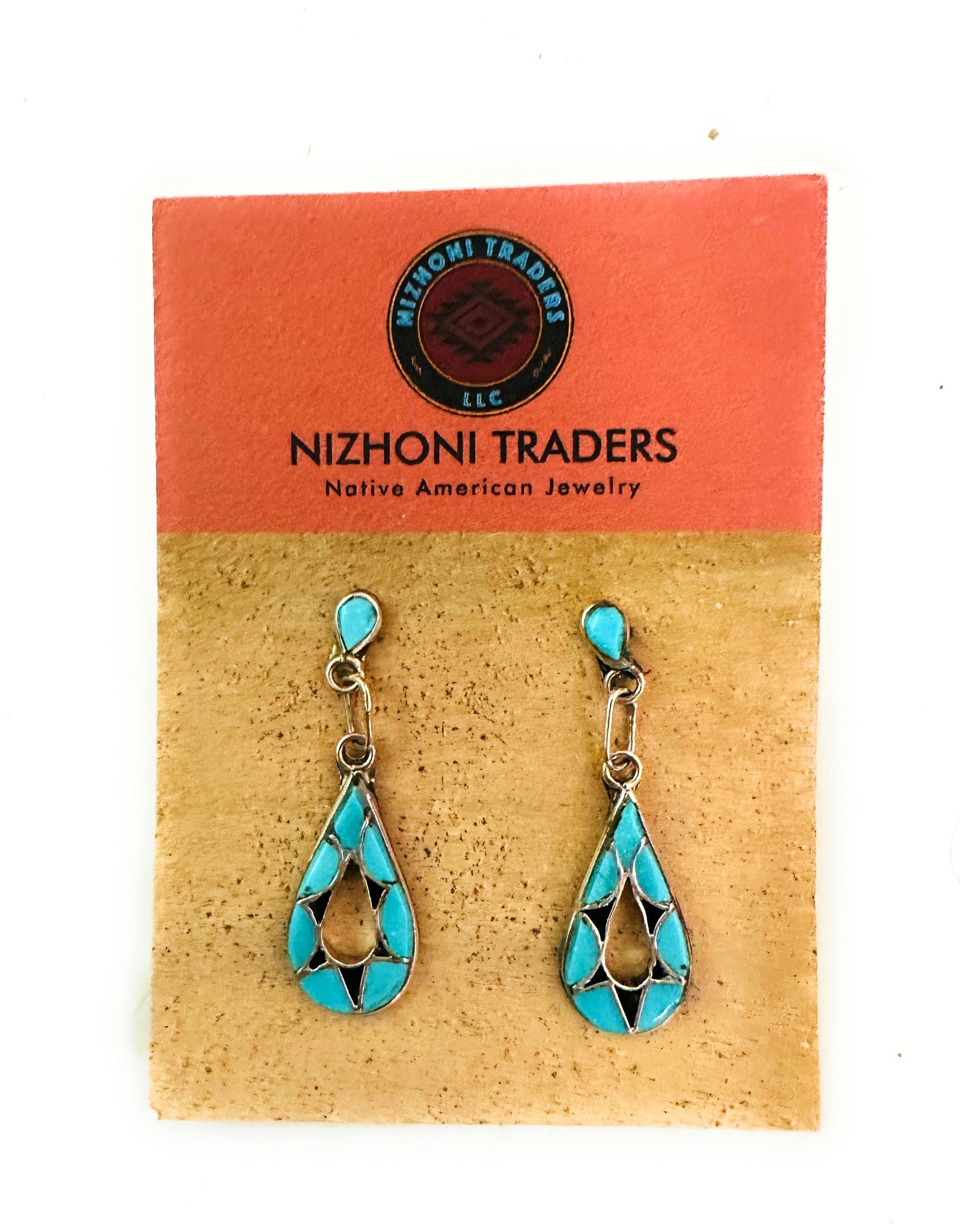 Zuni Sterling Silver,  Turquoise & Onyx Inlay Dangle Earrings