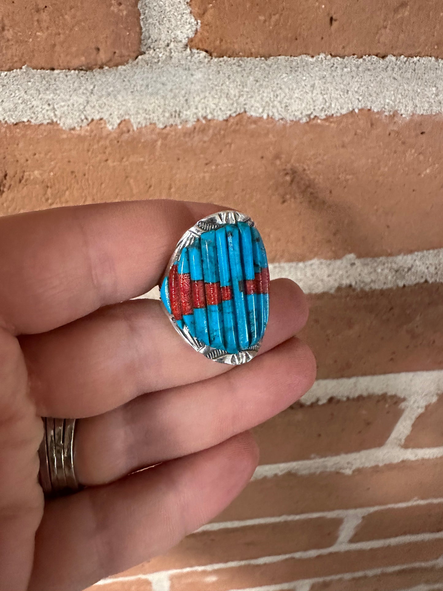 Beautiful Handmade Turquoise, Coral, And Sterling Silver Adjustable Ring Signed Nizhoni