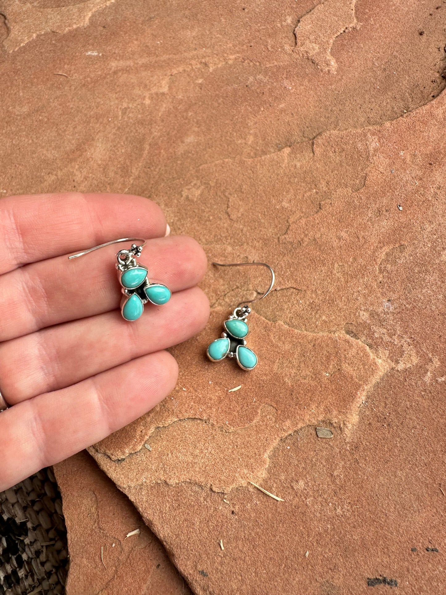 Handmade 3 Stone Natural Turquoise and Sterling Silver Dangles