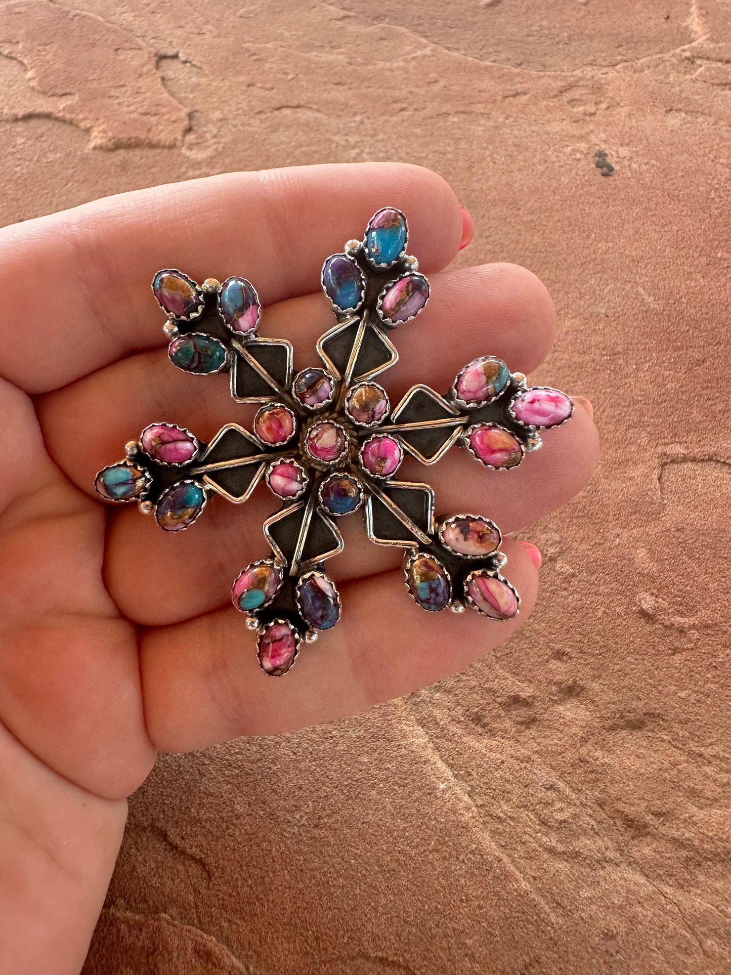 Beautiful Handmade Pink Dream Mojave And Sterling Silver Adjustable Snowflake Ring