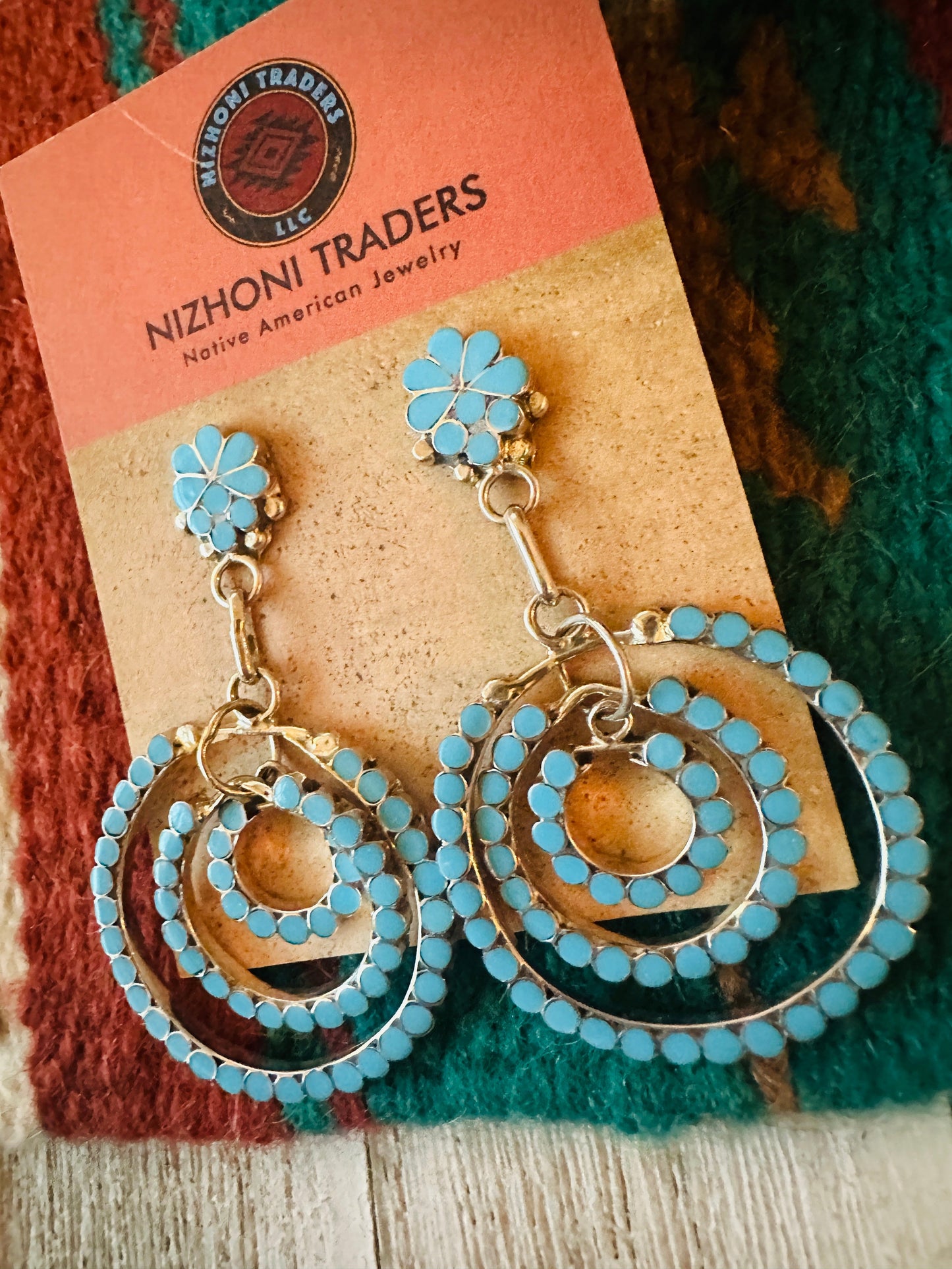 Zuni Sterling Silver & Turquoise Inlay Dangle Earrings