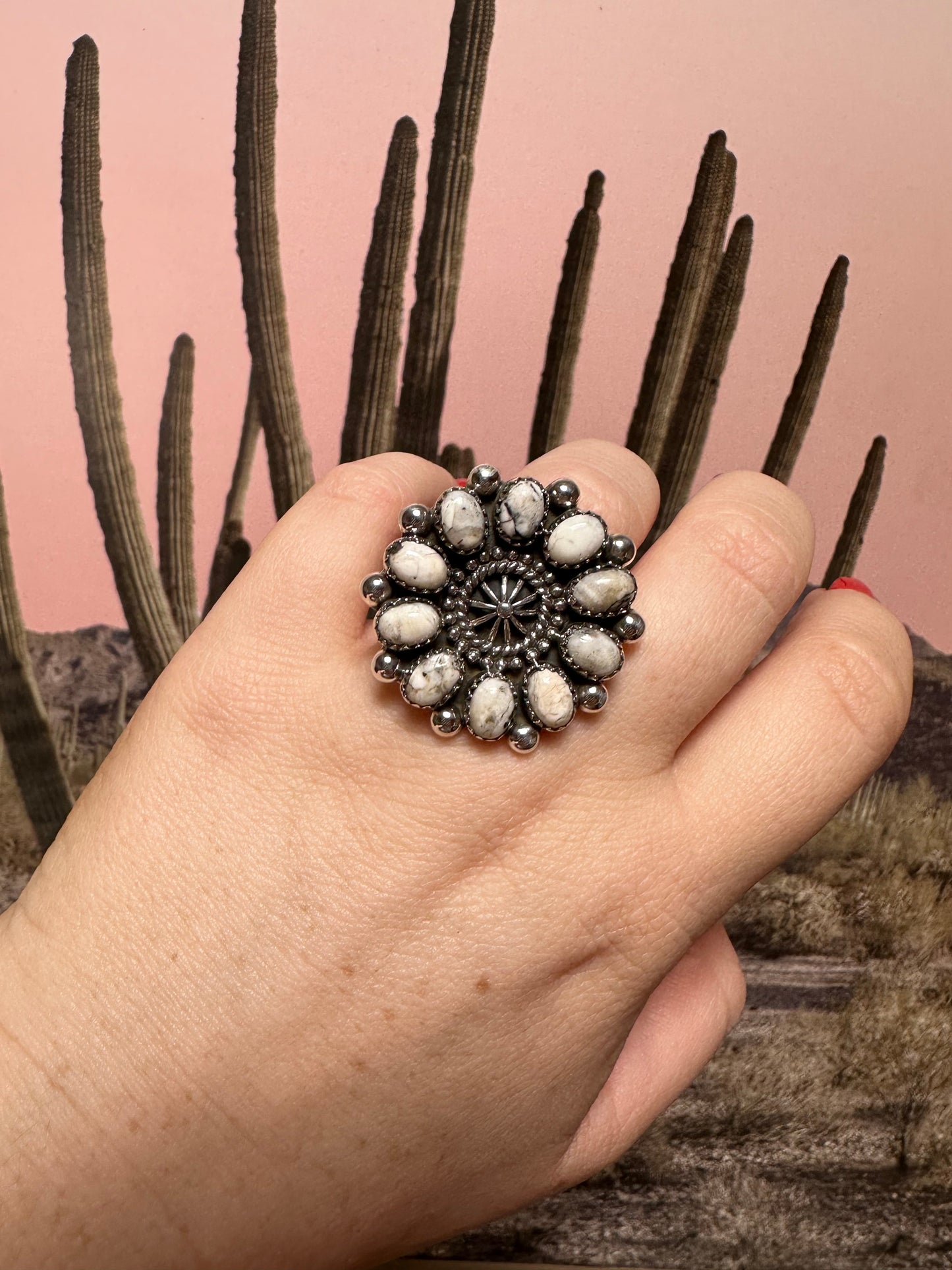 Beautiful Handmade White Buffalo And Sterling Silver Adjustable Cluster Ring