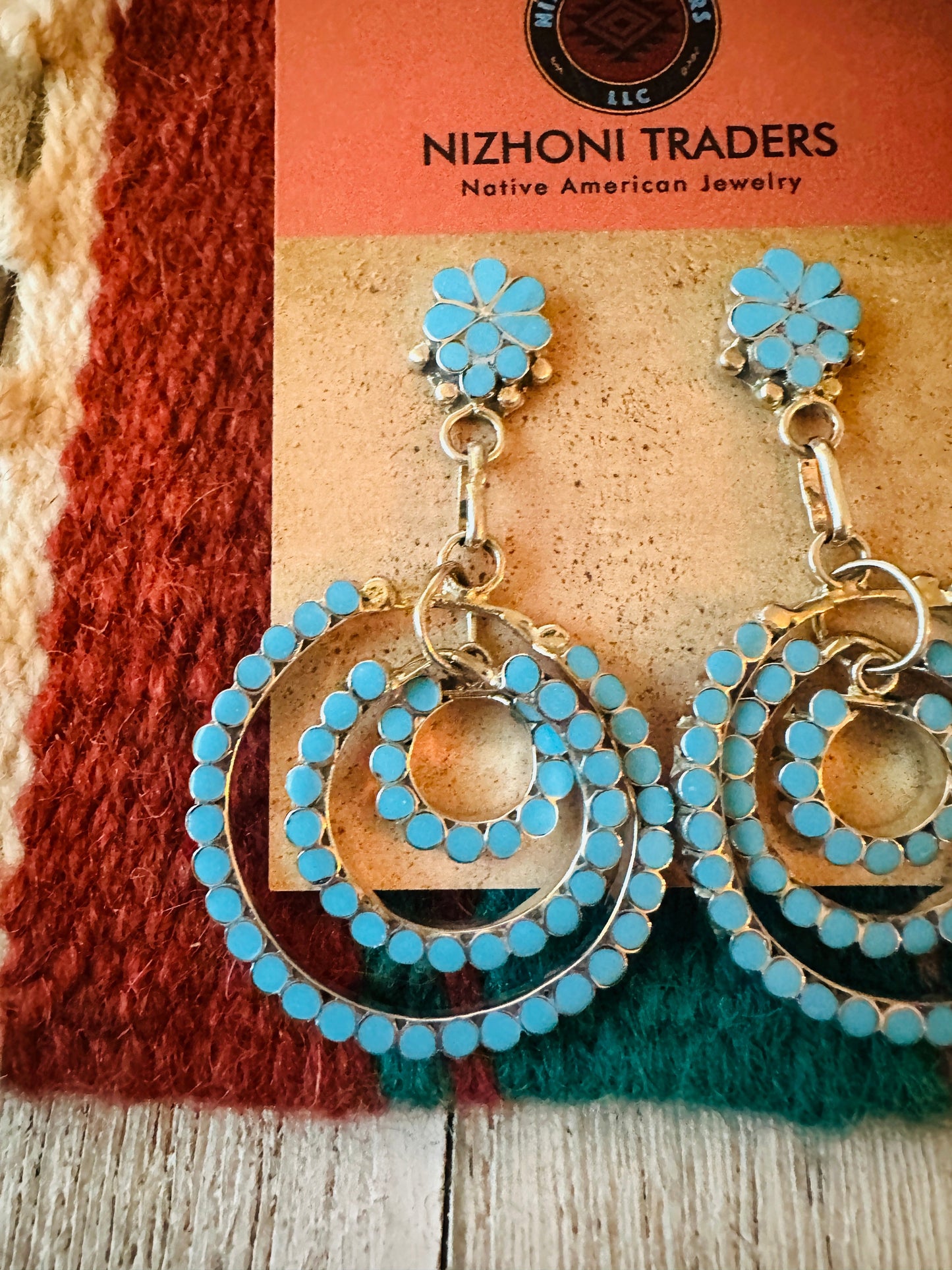 Zuni Sterling Silver & Turquoise Inlay Dangle Earrings