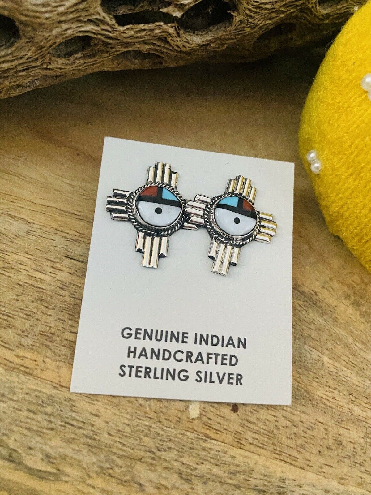 Zuni Sun Face Multi Stone And Sterling Cross Stud Earrings