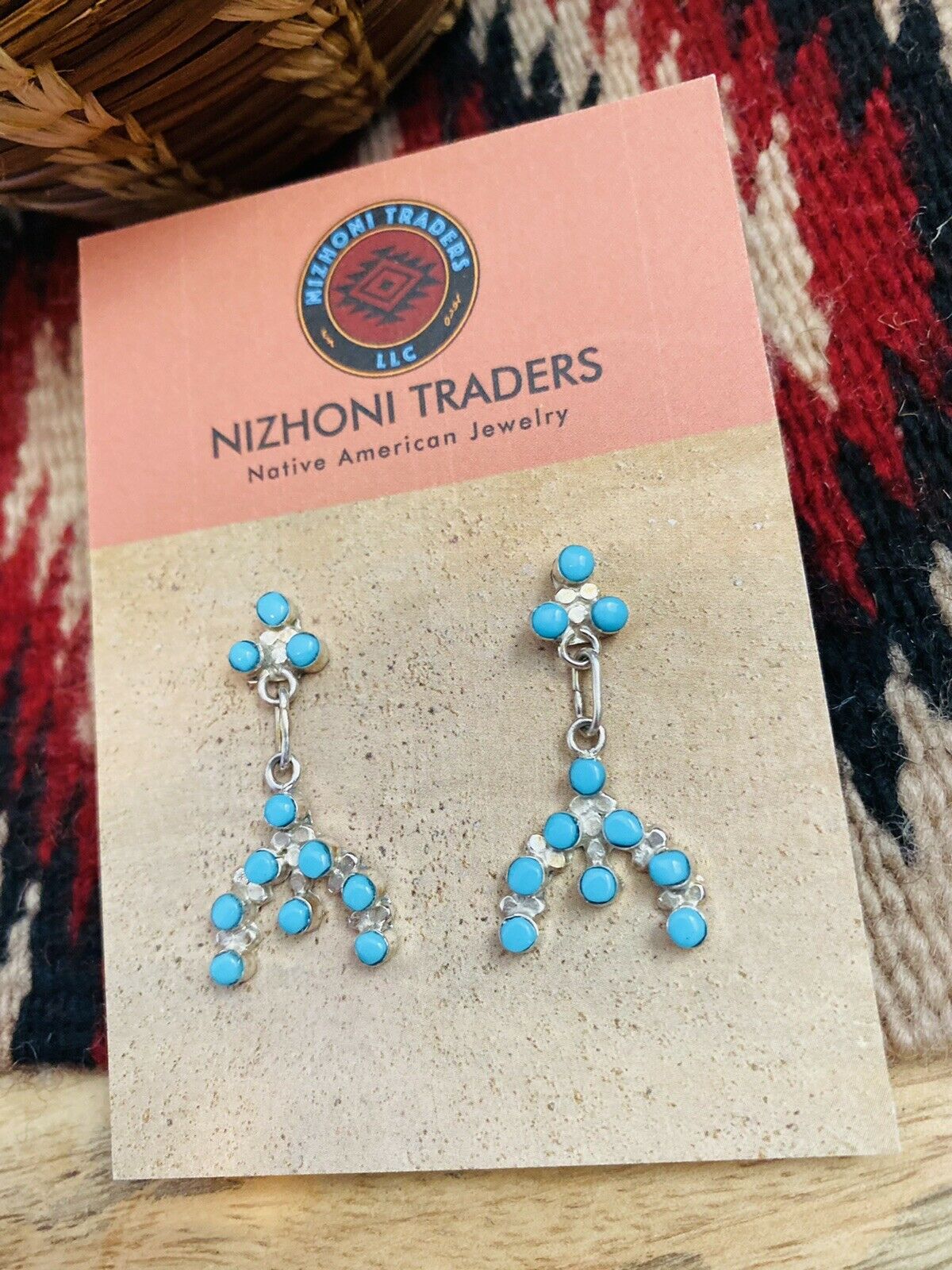 Zuni Sterling Silver & Turquoise Petit Point Dangle Earrings