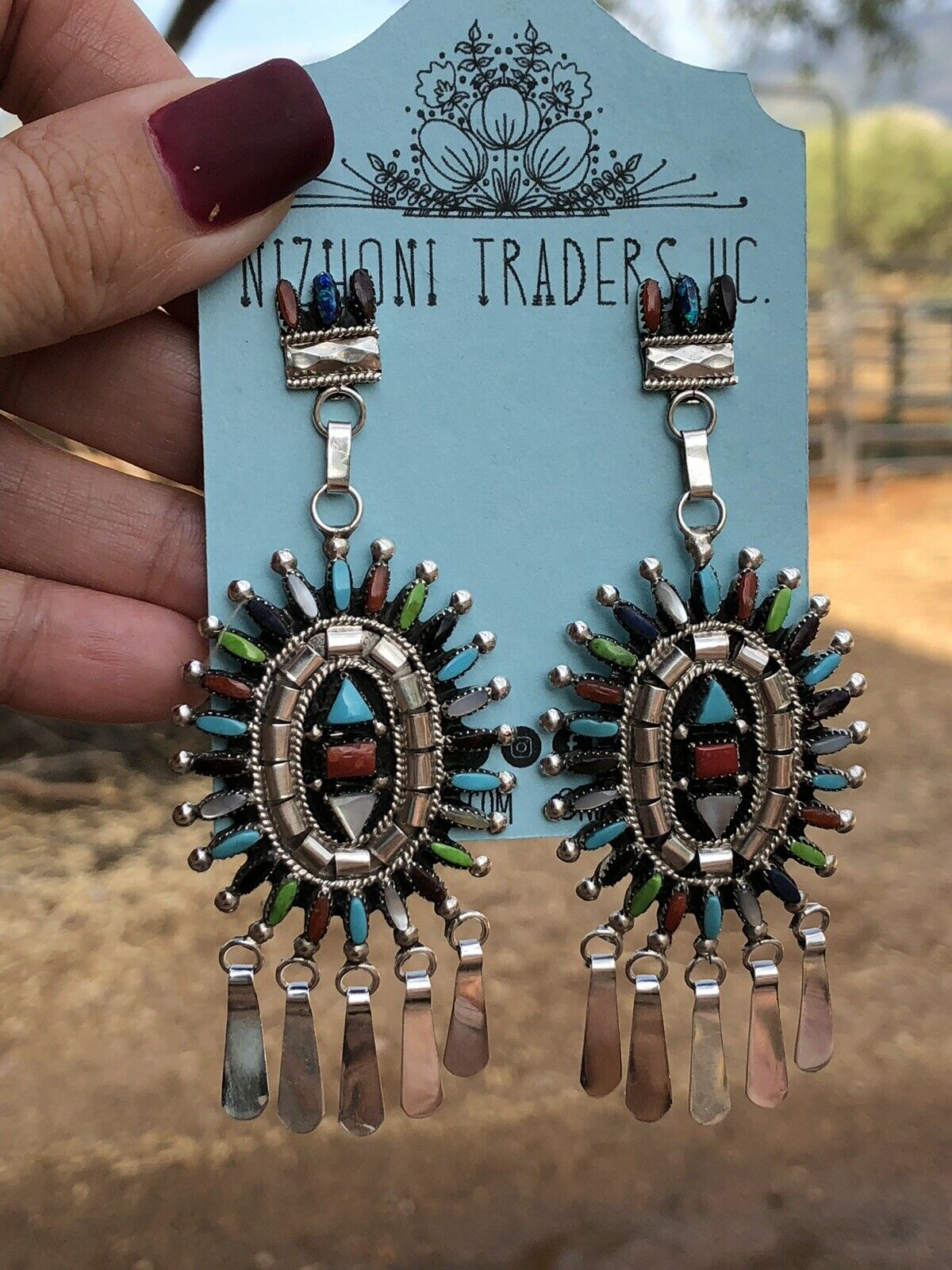 Zuni Sterling Silver and Multi Stone Needle Point Dangle Earrings Signed