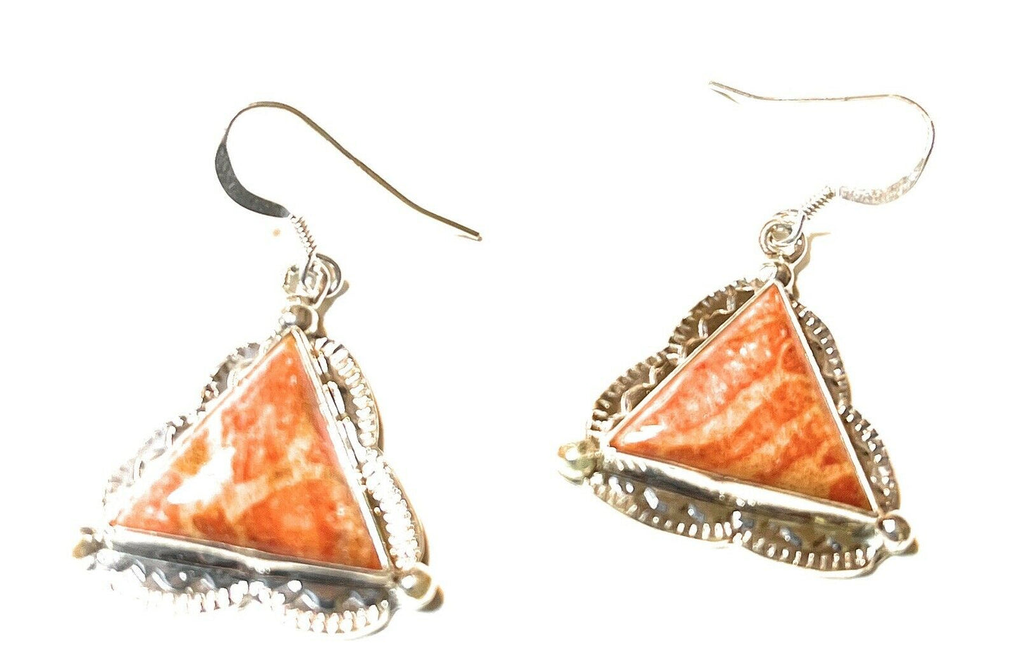 Beautiful Navajo Sterling Silver Apple Coral Triangle Dangle Earrings