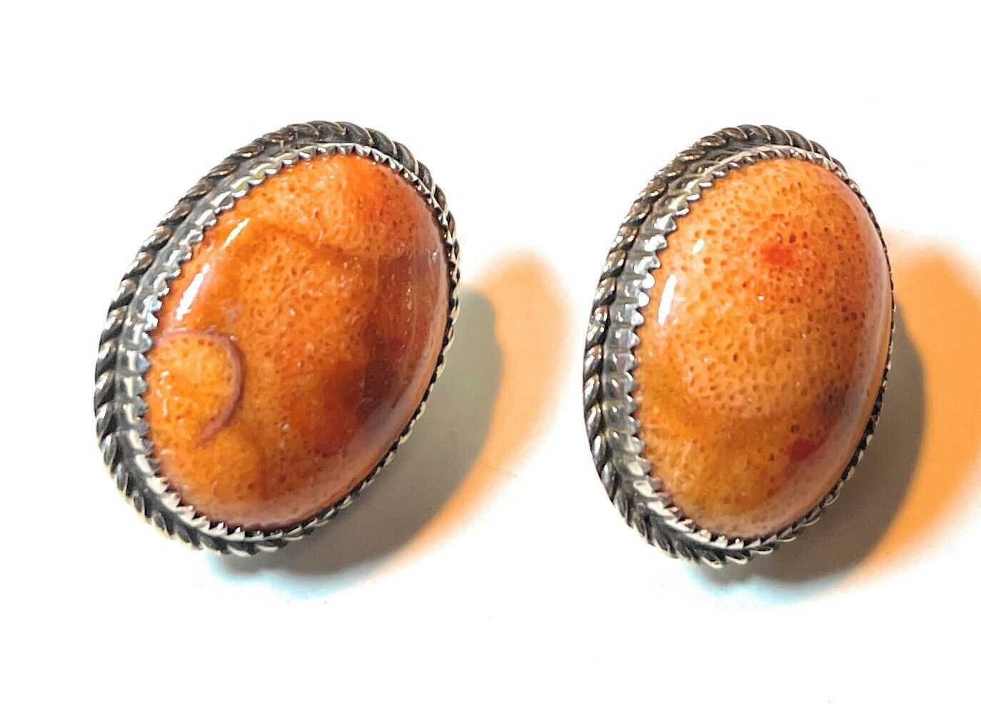 Beautiful Navajo Sterling Silver Apple Coral Oval Post Earrings