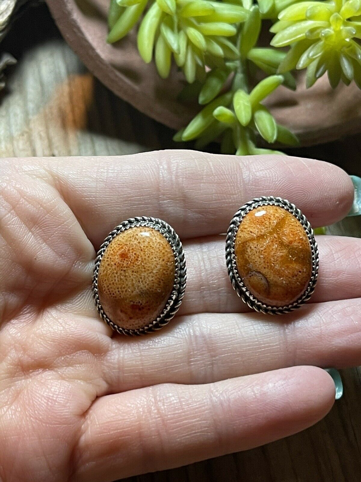 Beautiful Navajo Sterling Silver Apple Coral Oval Post Earrings