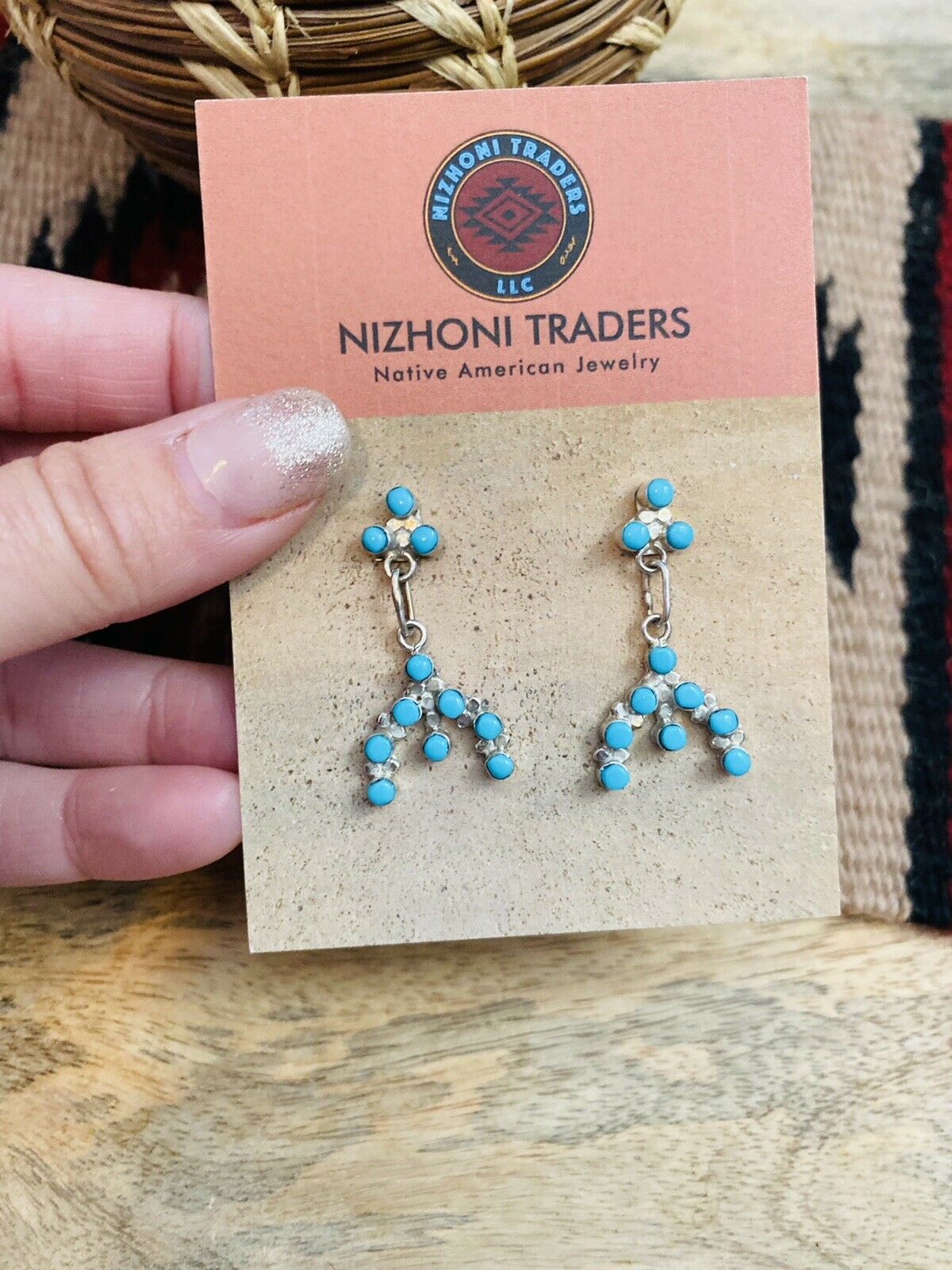 Zuni Sterling Silver & Turquoise Petit Point Dangle Earrings