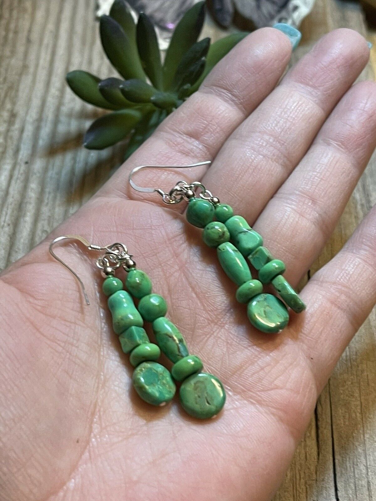 Beautiful Navajo Sterling Dyed Green Kingman Turquoise Multi Bead Earrings