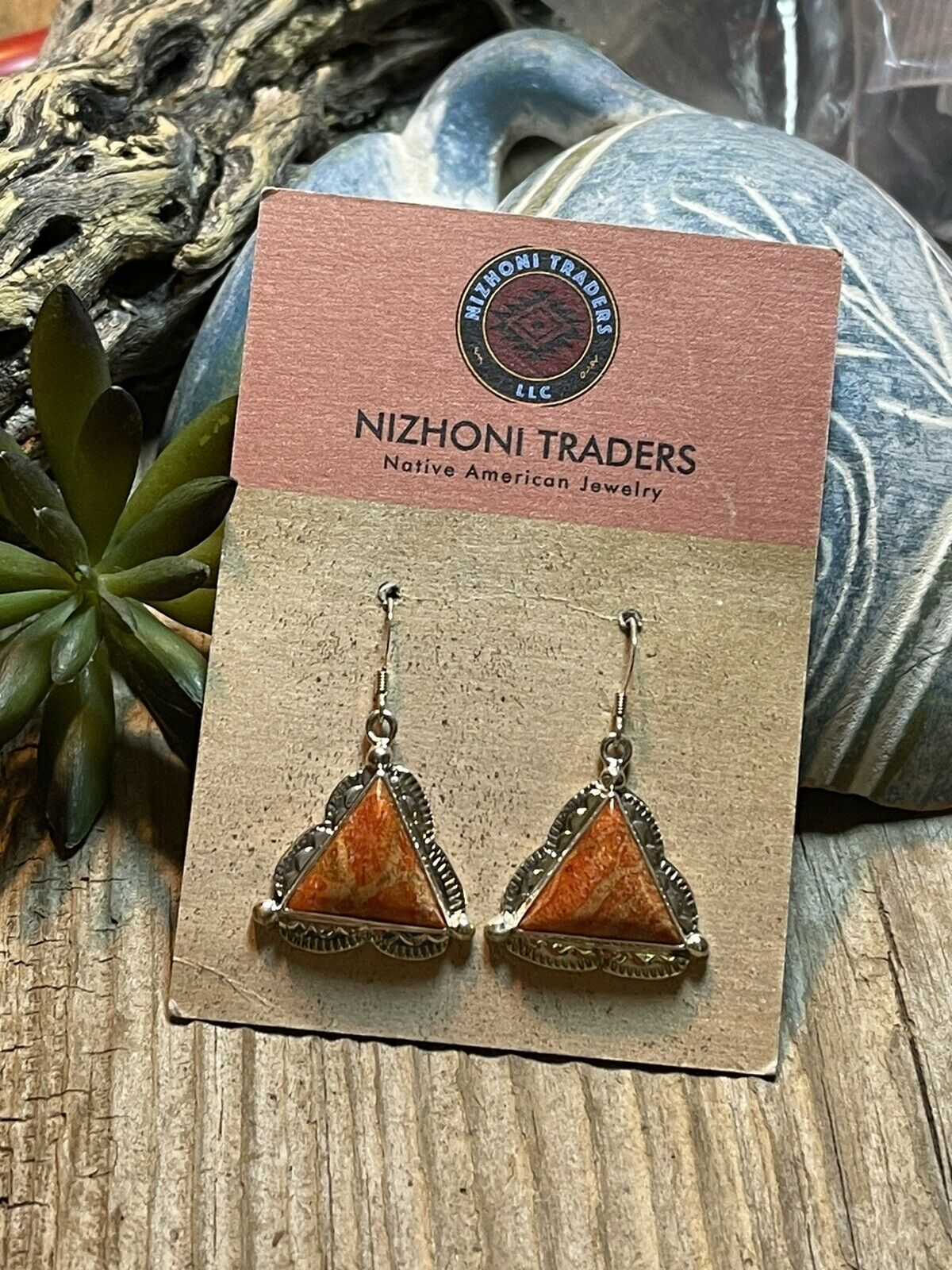 Beautiful Navajo Sterling Silver Apple Coral Triangle Dangle Earrings