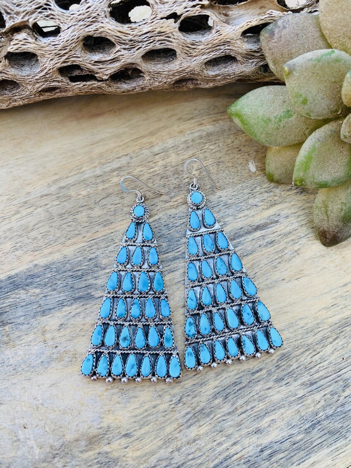 Zuni Sterling Silver And Sleeping Beauty Turquoise Dangle Earrings Signed