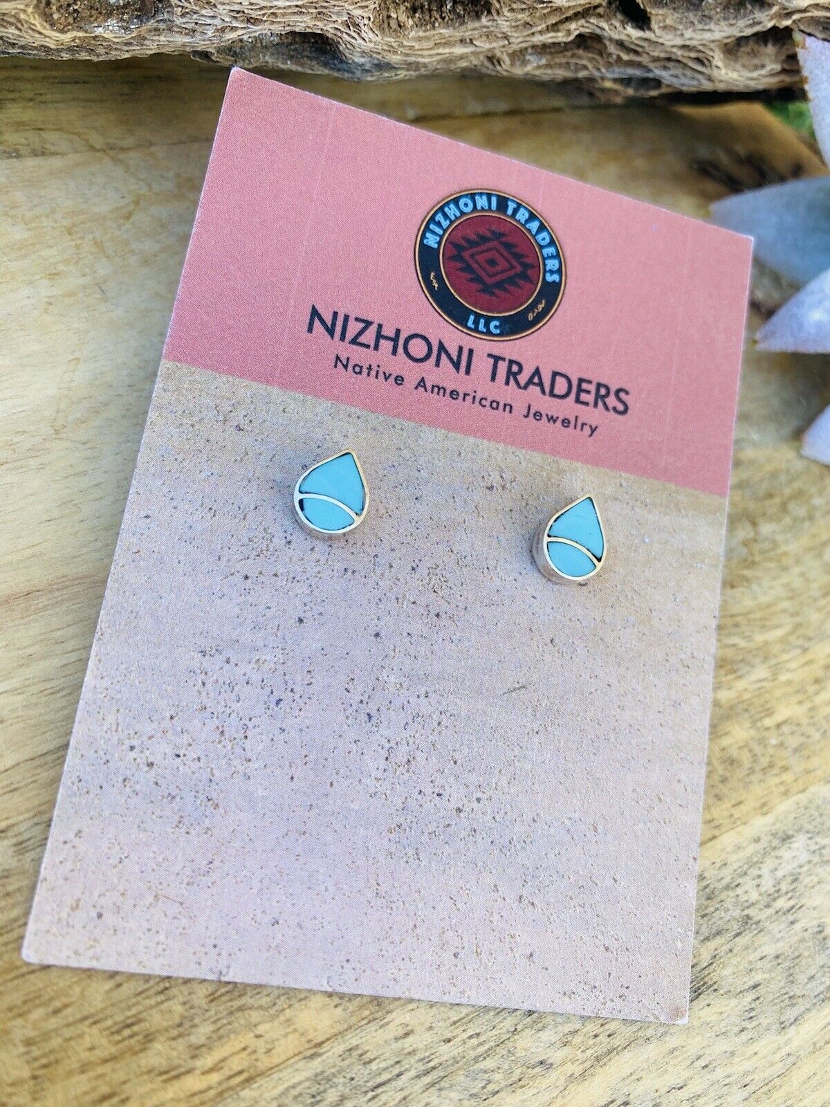 Zuni Sterling Silver & Turquoise Inlay Tear Drop Stud Earrings