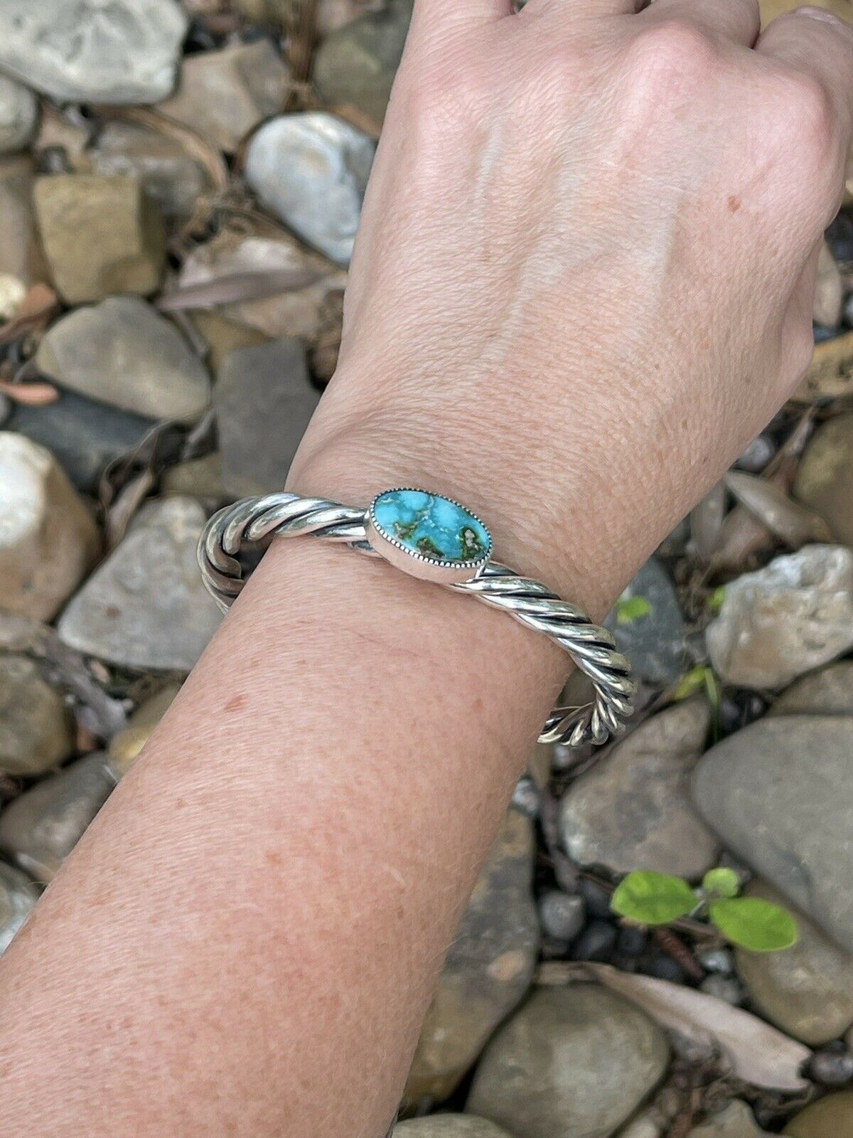 Beautiful Navajo Sterling Sonoran Mountain Turquoise Rope Style Bracelet Cuff