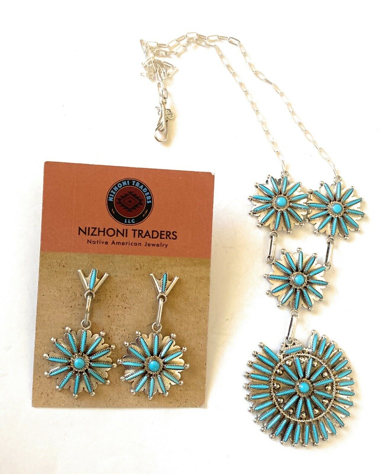 Zuni Sterling Silver & Turquoise Needlepoint  Necklace & Earring Set Signed