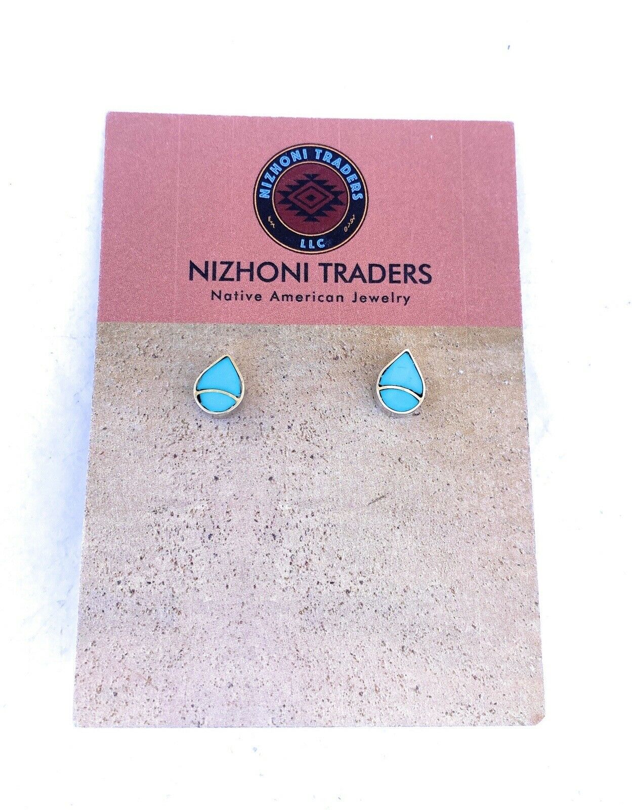 Zuni Sterling Silver & Turquoise Inlay Tear Drop Stud Earrings