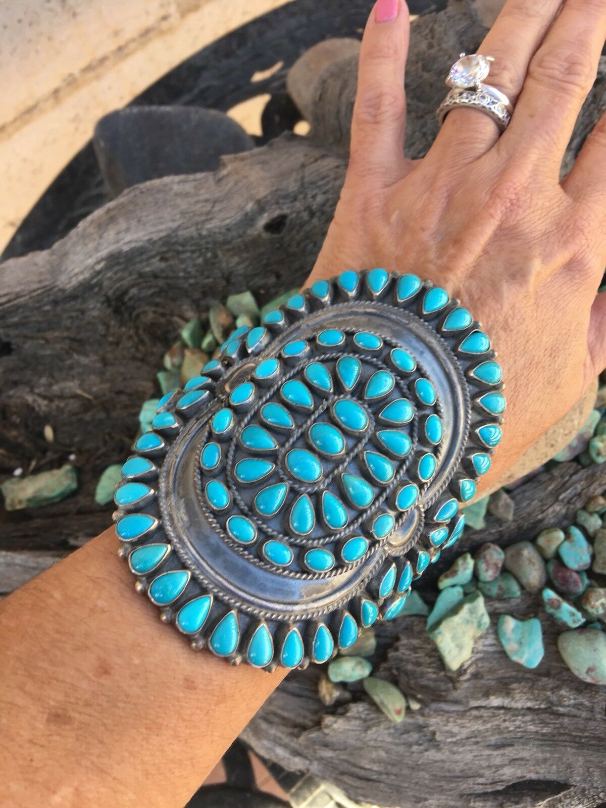 Anthony Skeets Navajo Cluster Turquoise & Sterling Silver Cuff Bracelet Signed