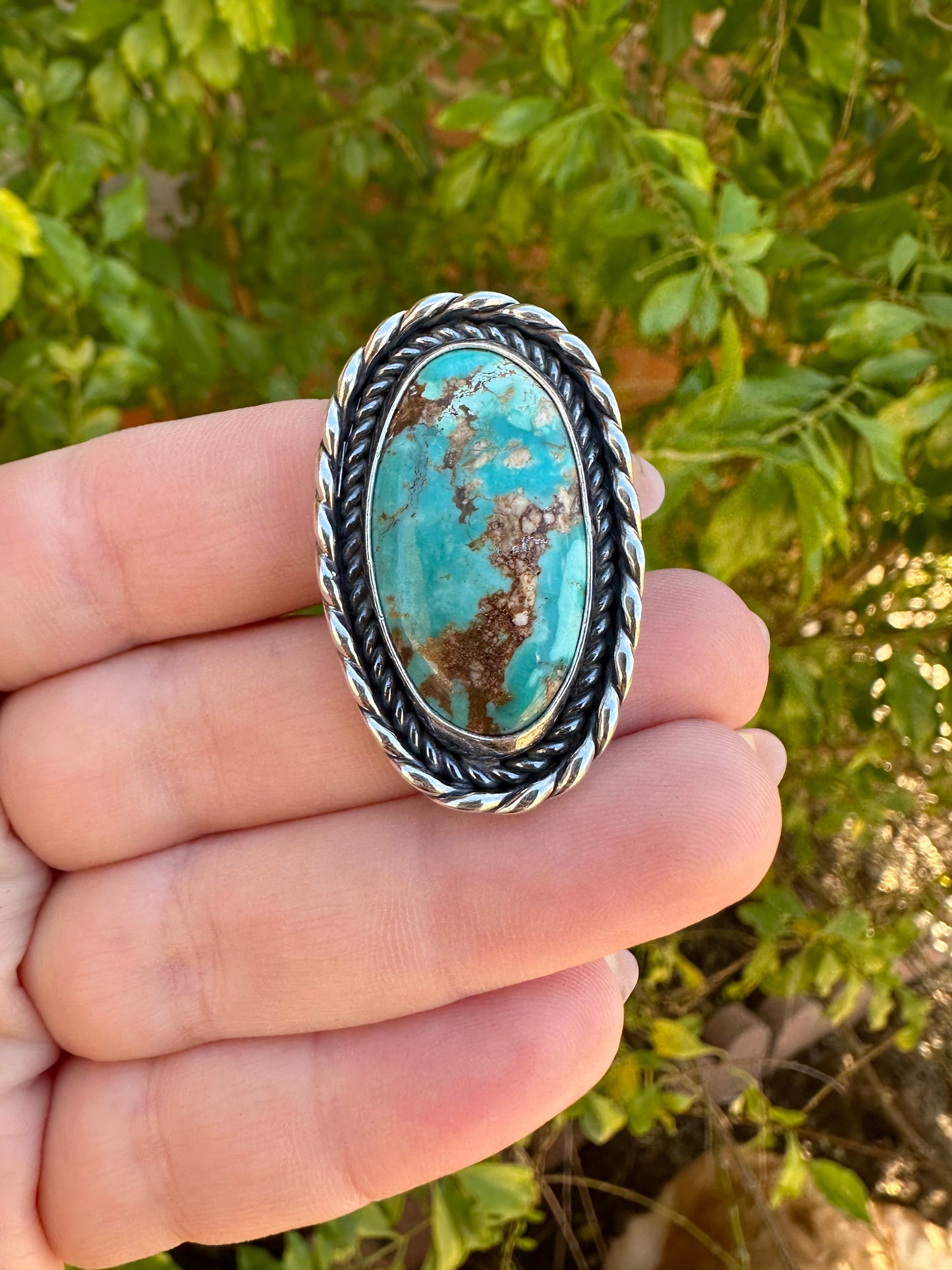 Beautiful Navajo Sterling Silver & Single Stone Turquoise Adjustable Ring OVAL STYLE Signed