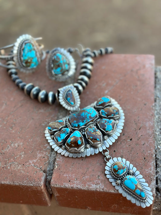 Charles Johnson Navajo Number 8 Turquoise & Sterling Silver Necklace, Bracelet and Ring  Set Signed