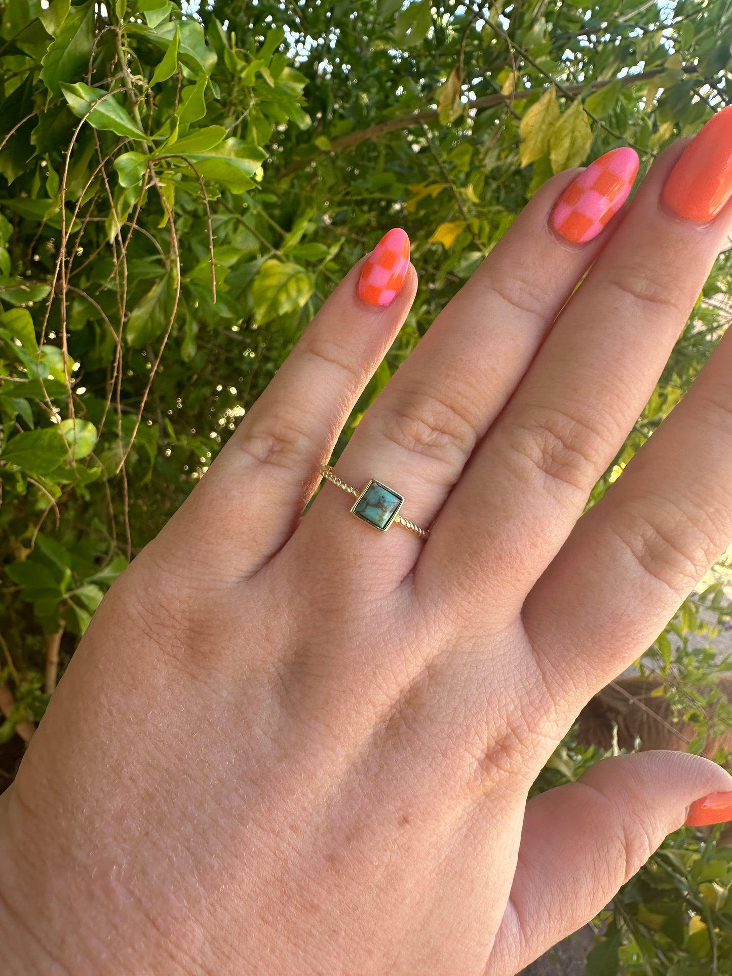 “The Golden Collection” Olive Square Handmade Natural Turquoise 14k Gold Plated Sterling Slver Adjustable Ring