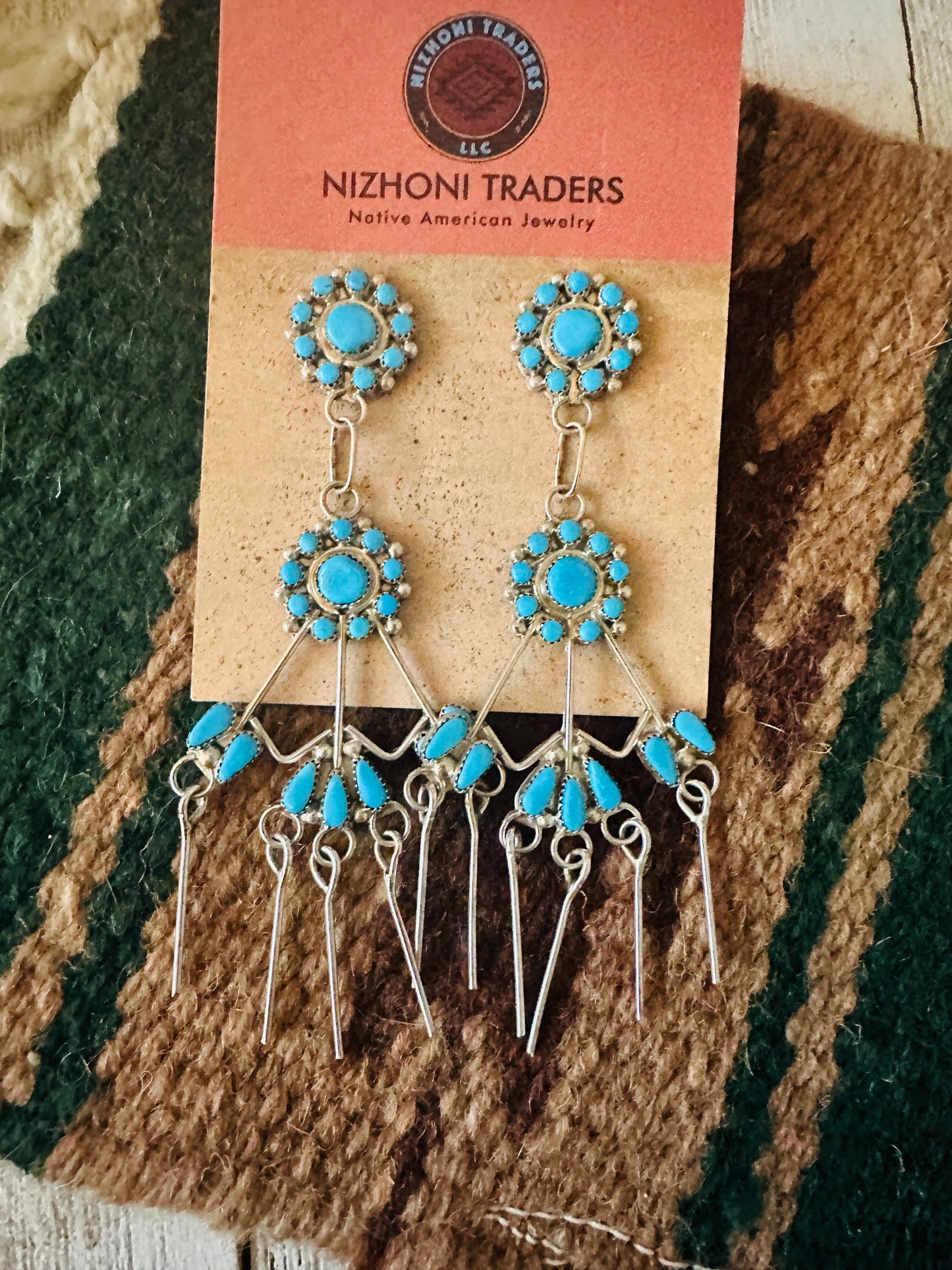 Zuni Sterling Silver & Turquoise Flower Chandelier Dangle Earrings