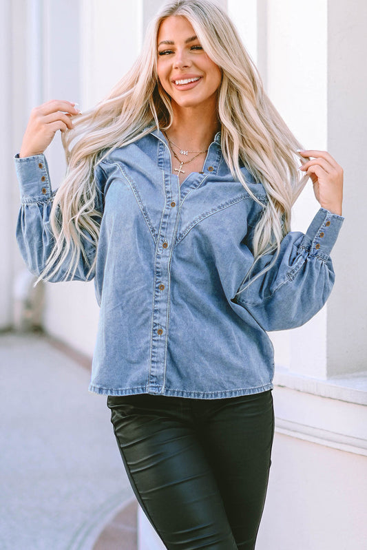 Colette V-Shape Puff Sleeve Denim Shirt