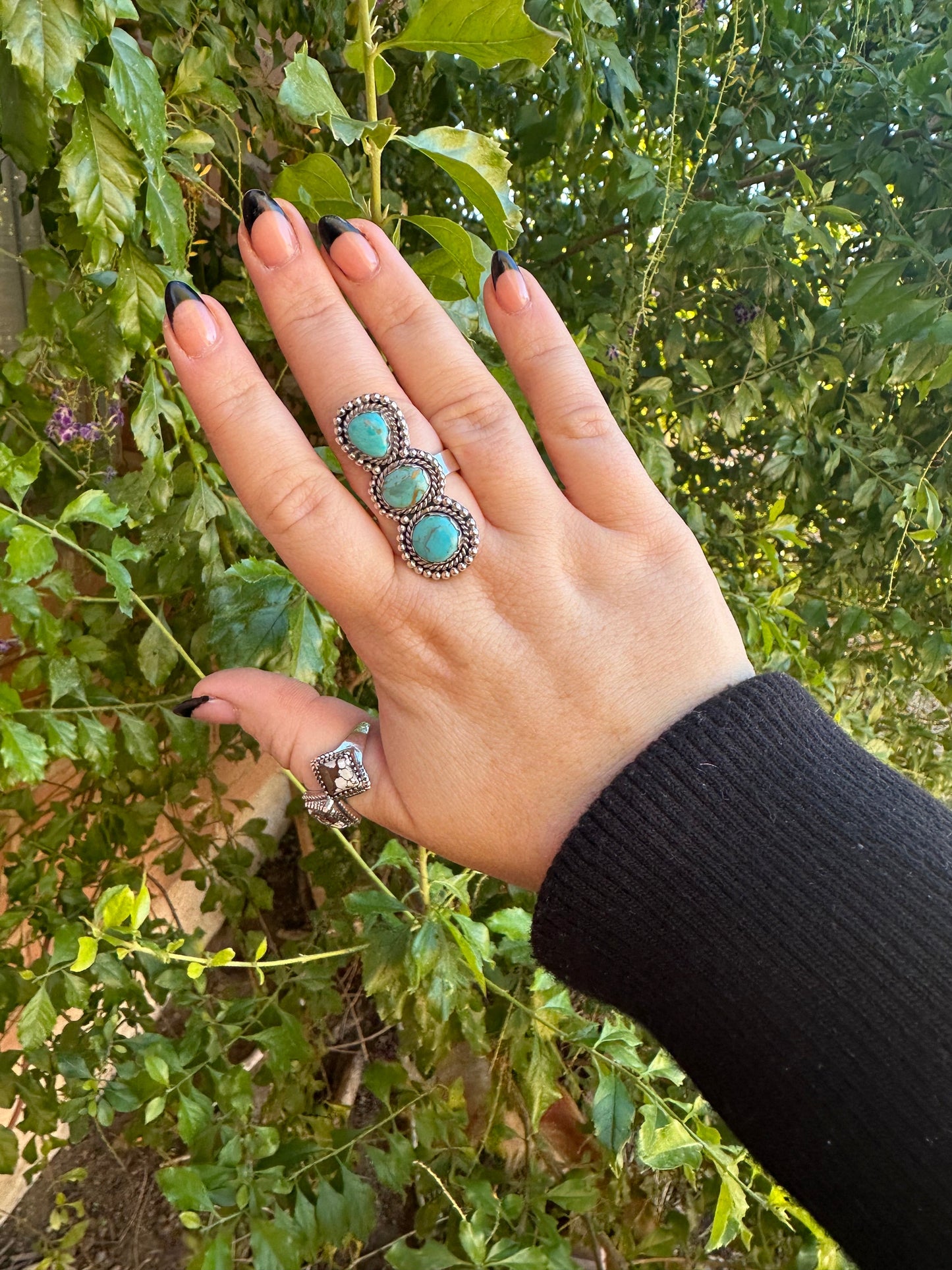 3 Stone Beautiful Handmade Turquoise And Sterling Silver Adjustable Ring