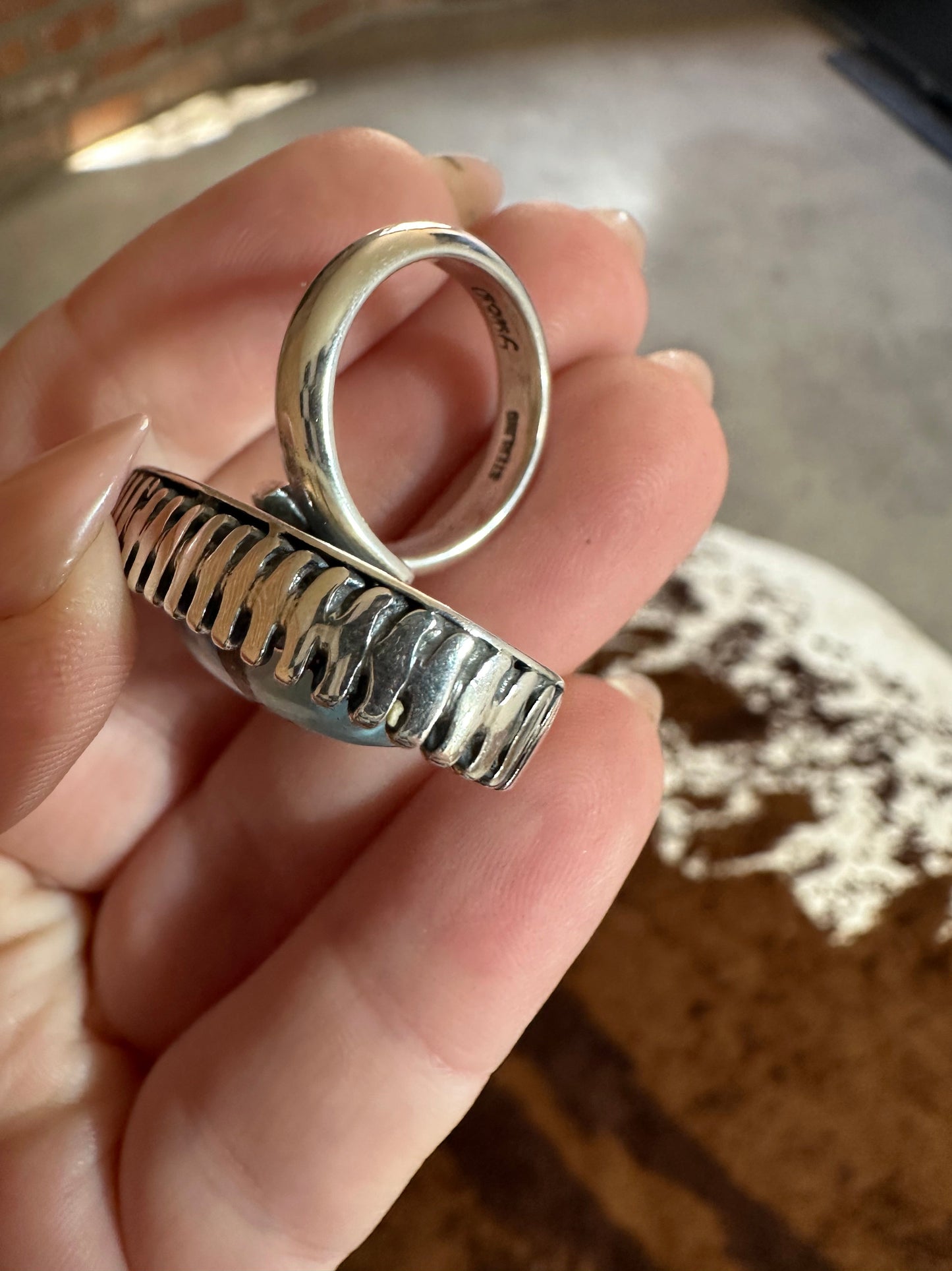 Beautiful Navajo Sterling Silver & Single Stone Golden Hills Turquoise Adjustable Ring Signed