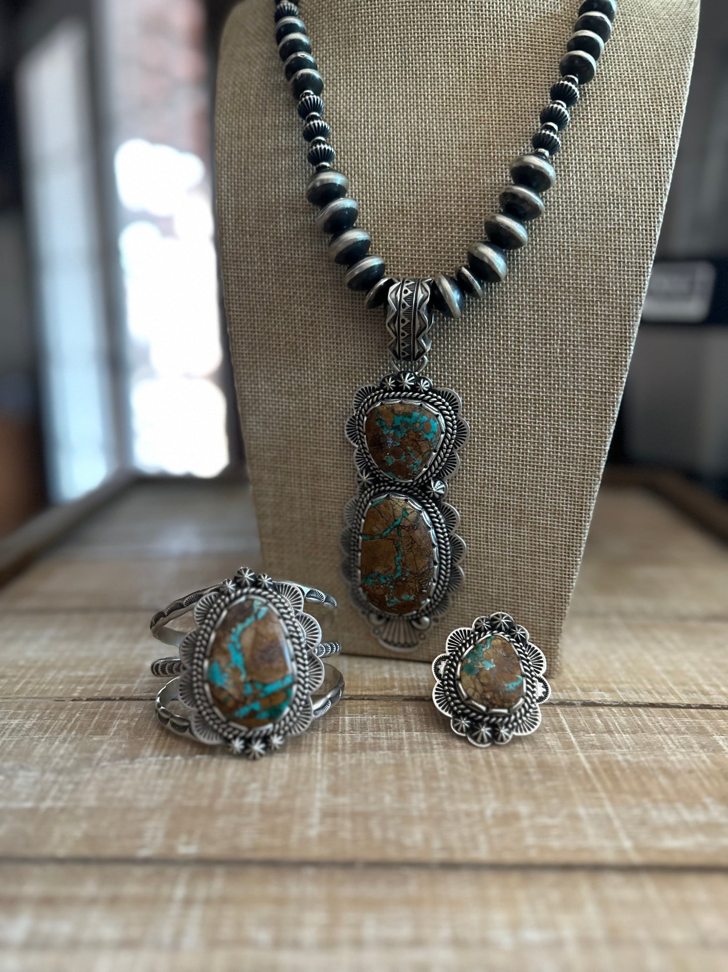 Charles Johnson Navajo Ribbon Turquoise & Sterling Silver Necklace, Bracelet and Ring  Set Signed