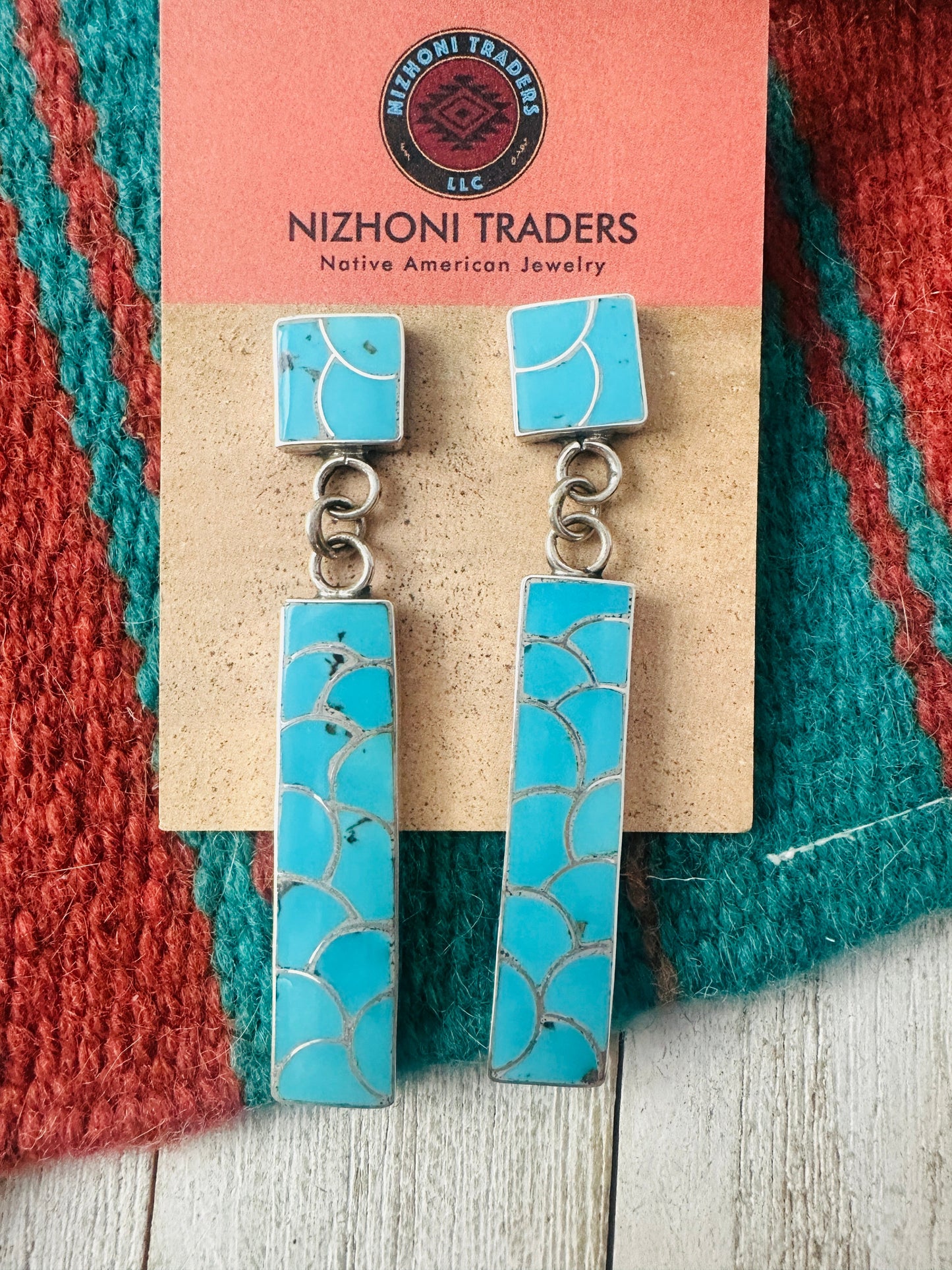 Zuni Sterling Silver & Turquoise Inlay Dangle Earrings