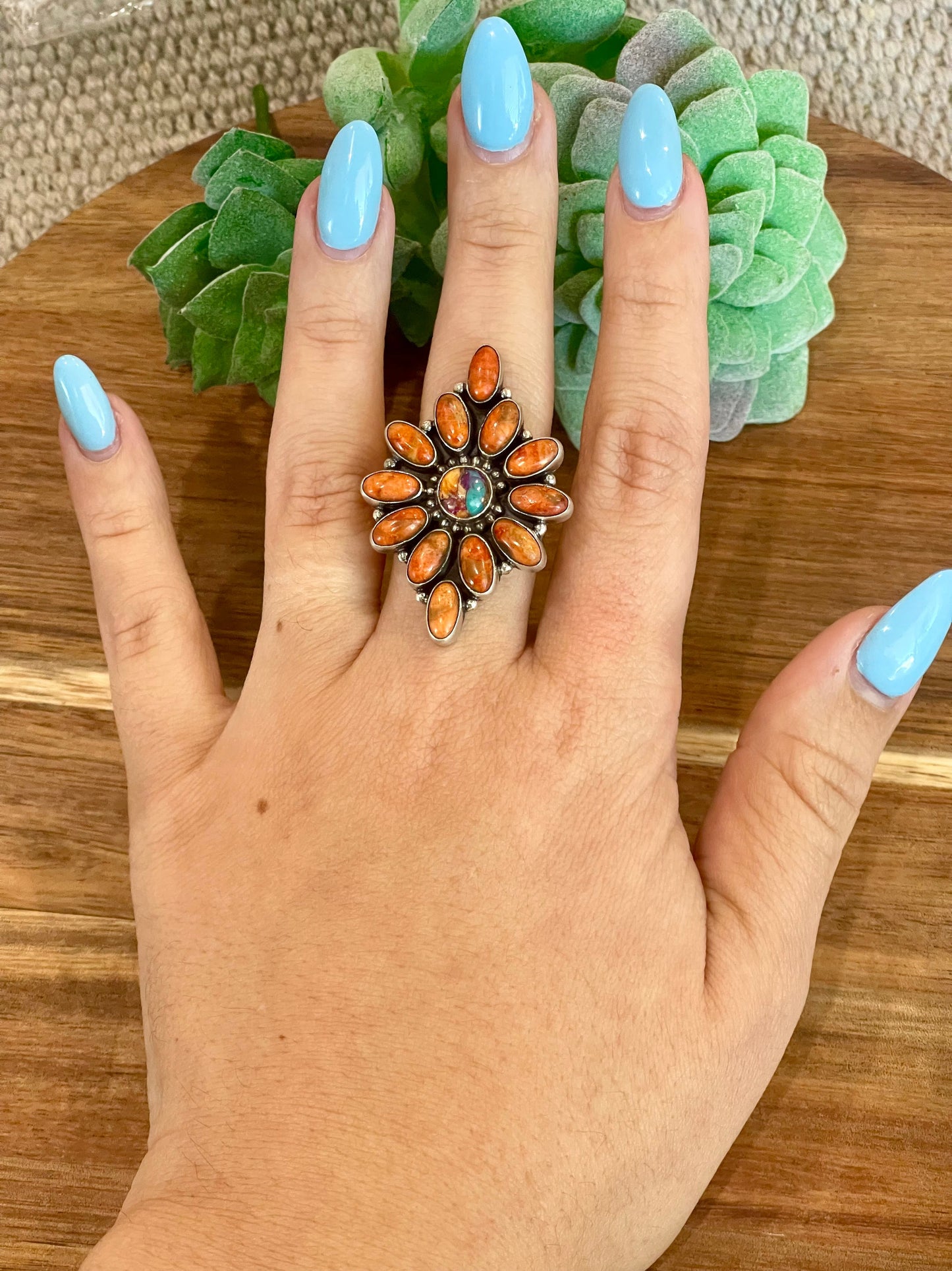 Beautiful Handmade Orange Mojave, Pink Dream Mojave And Sterling Silver Adjustable Ring