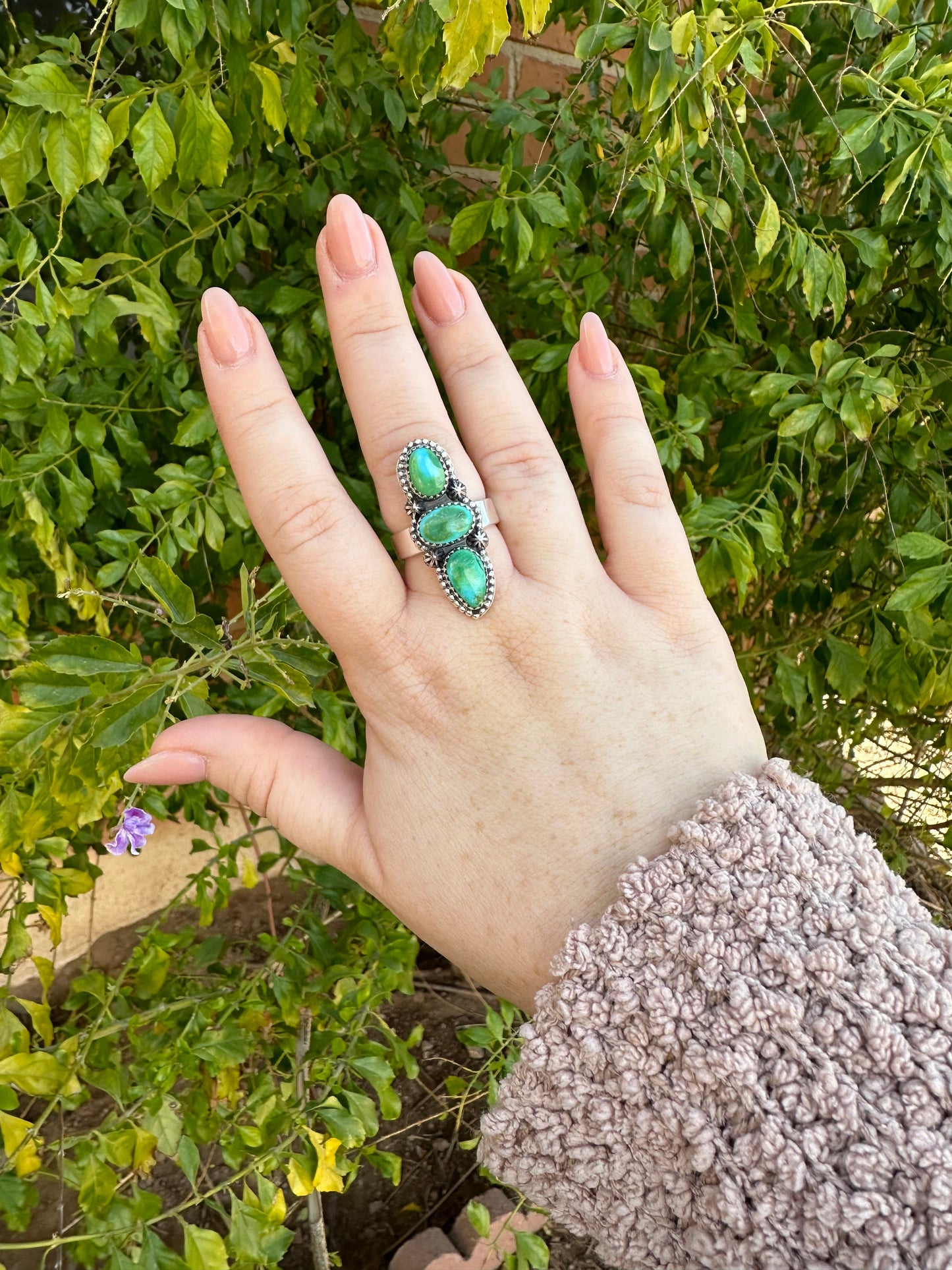 Beautiful Handmade Sonoran Gold Turquoise And Sterling Silver 3 Stone Ring