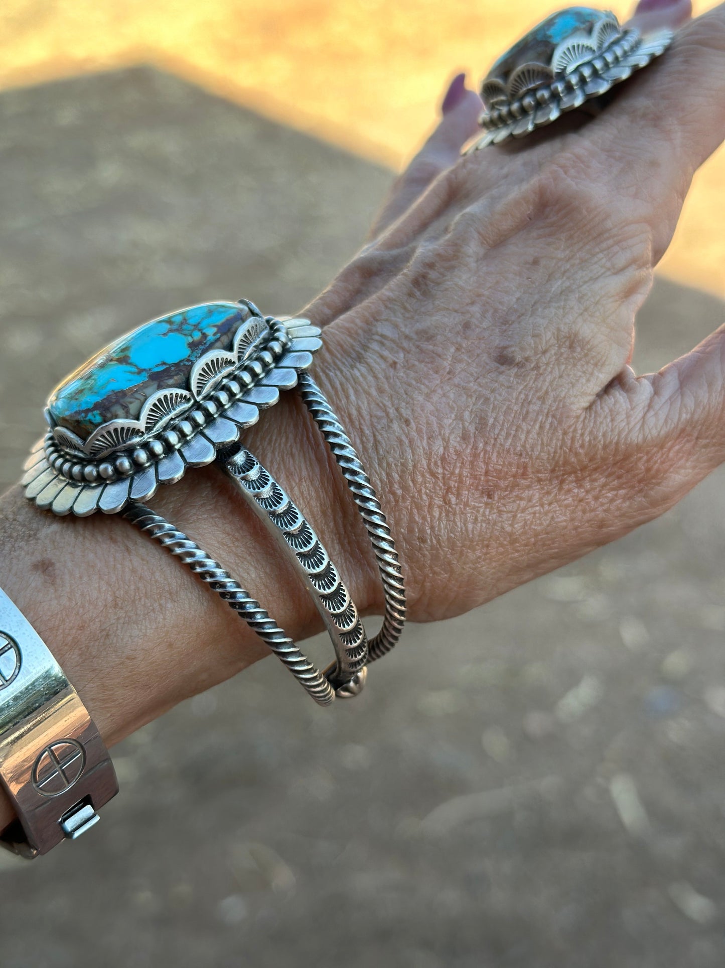 Charles Johnson Navajo Number 8 Turquoise & Sterling Silver Necklace, Bracelet and Ring  Set Signed