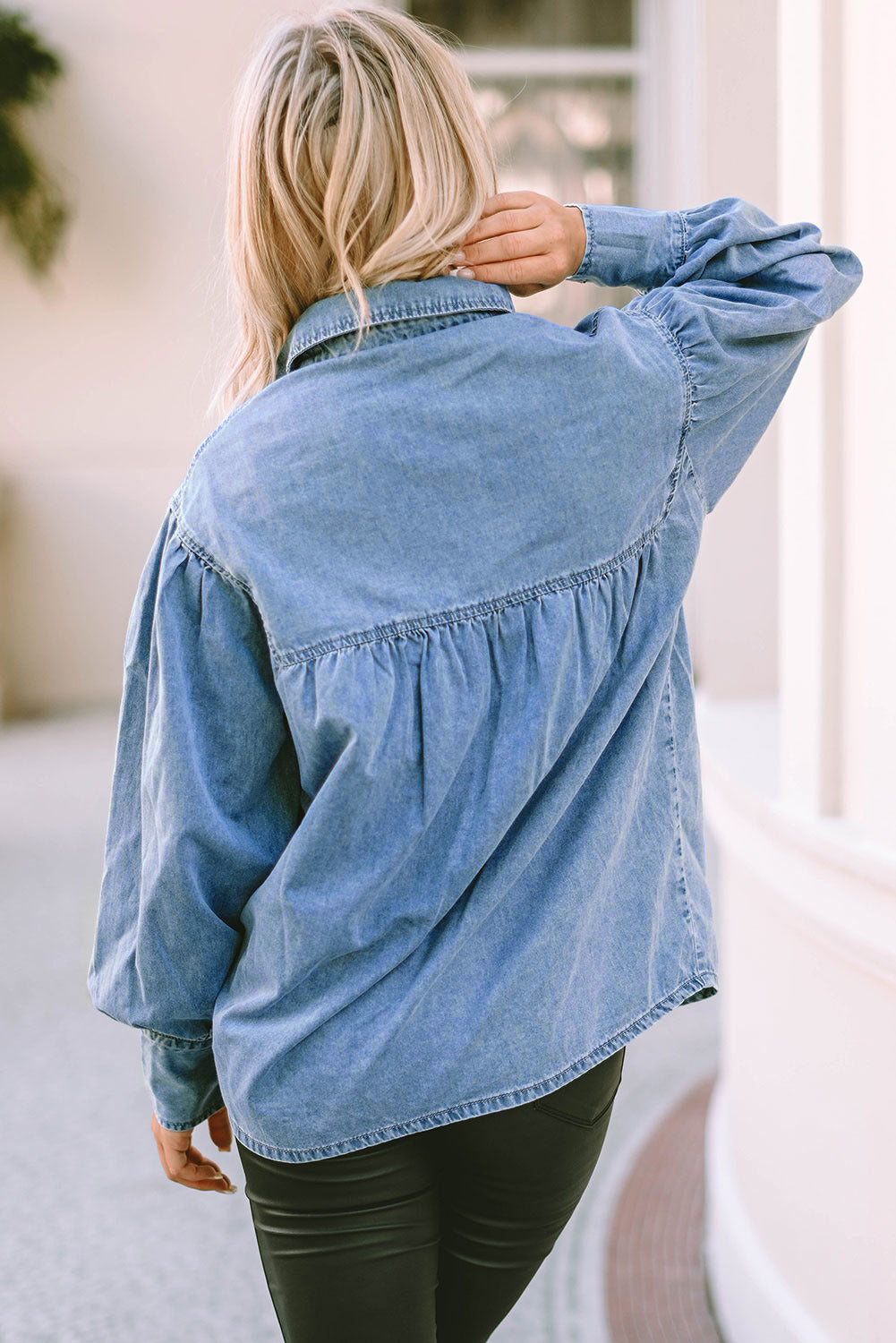 Colette V-Shape Puff Sleeve Denim Shirt