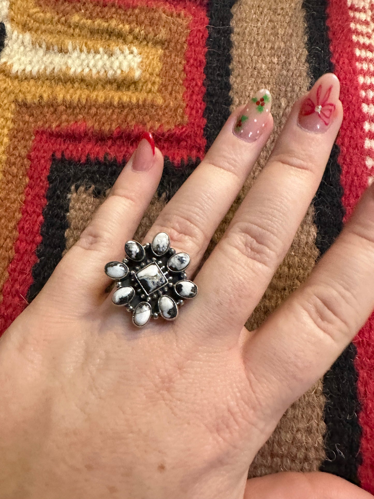 Beautiful Handmade White Buffalo And Sterling Silver Adjustable Cluster Flower Ring