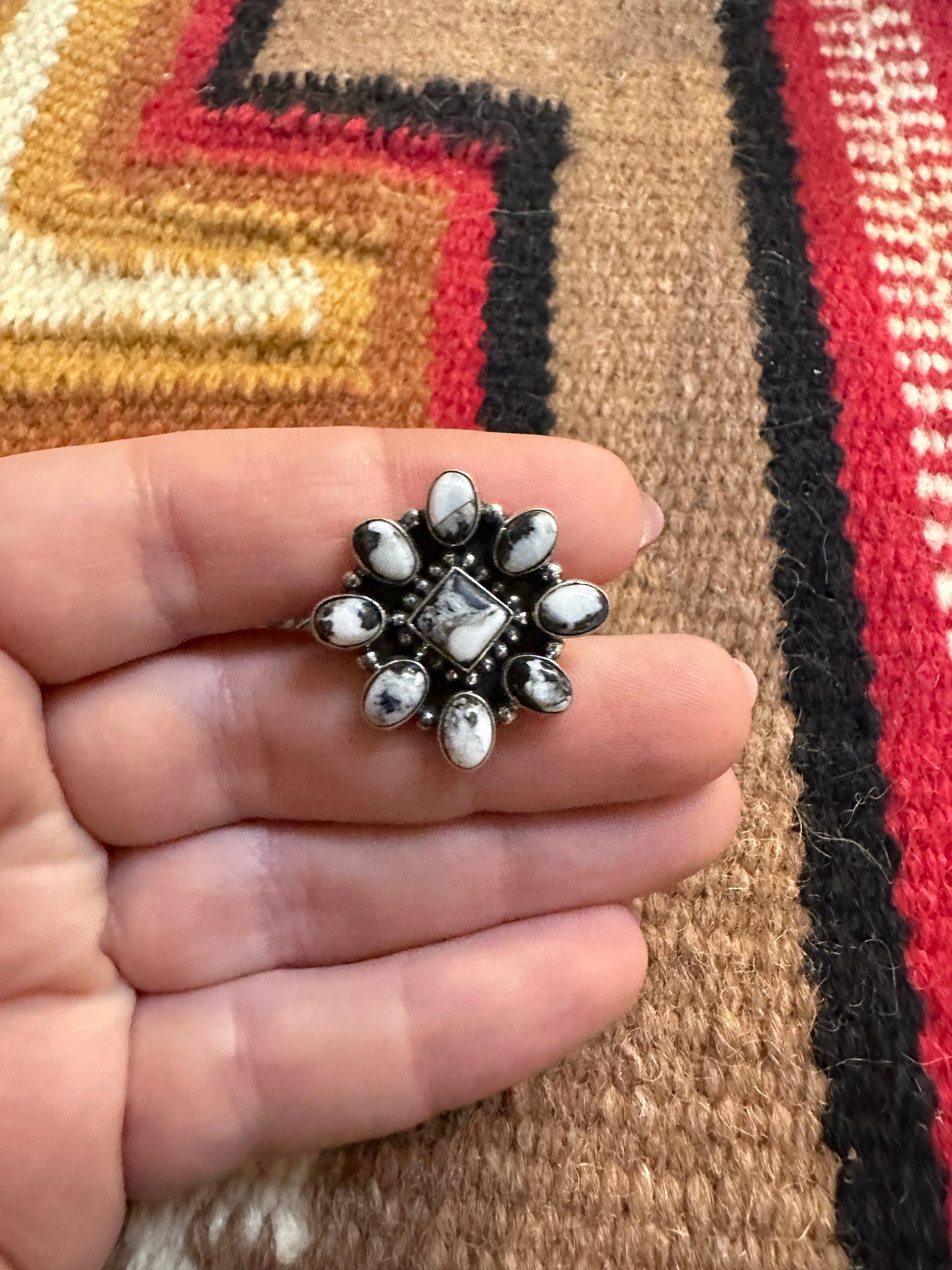 Beautiful Handmade White Buffalo And Sterling Silver Adjustable Cluster Flower Ring