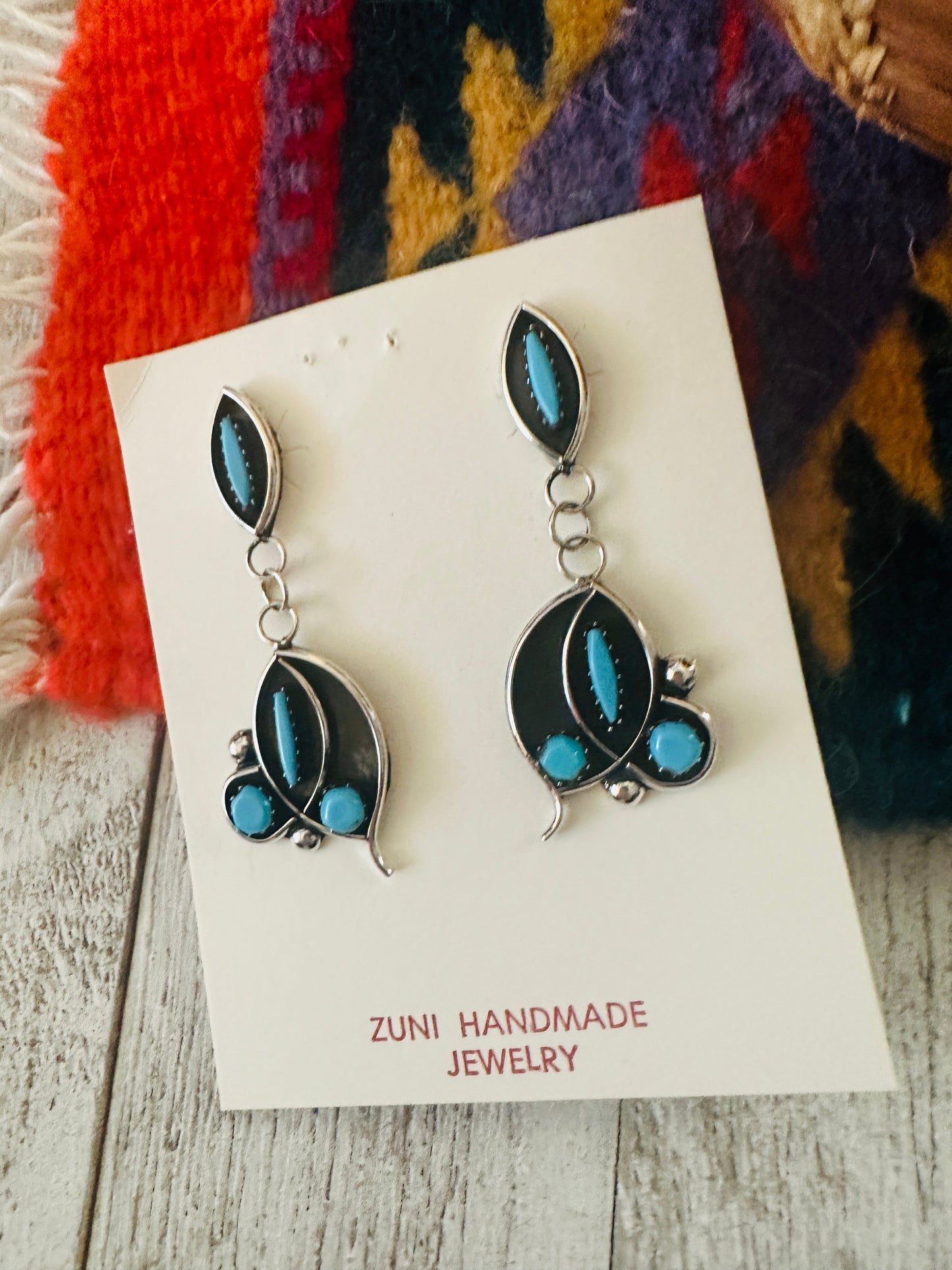 Zuni Sterling Silver & Turquoise Shadowbox Dangle Earrings