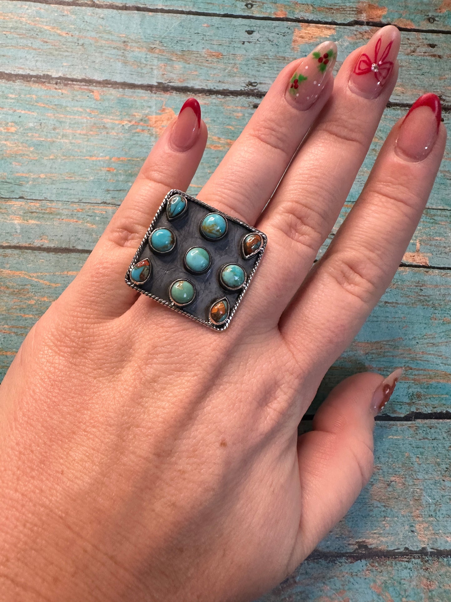 Beautiful Handmade Spice, Turquoise And Sterling Silver Adjustable Ring