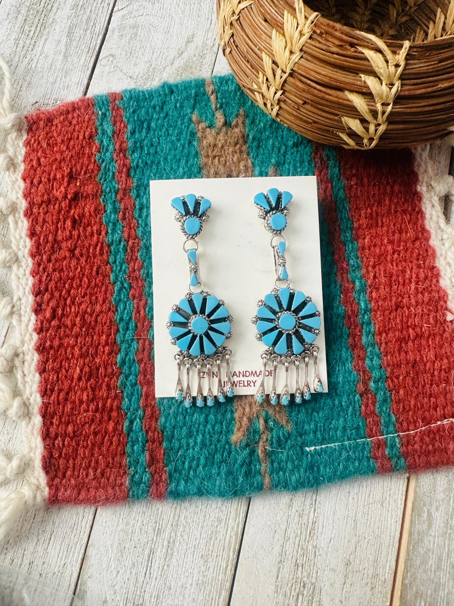 Zuni Sterling Silver & Turquoise Cluster Tassel Dangle Earrings