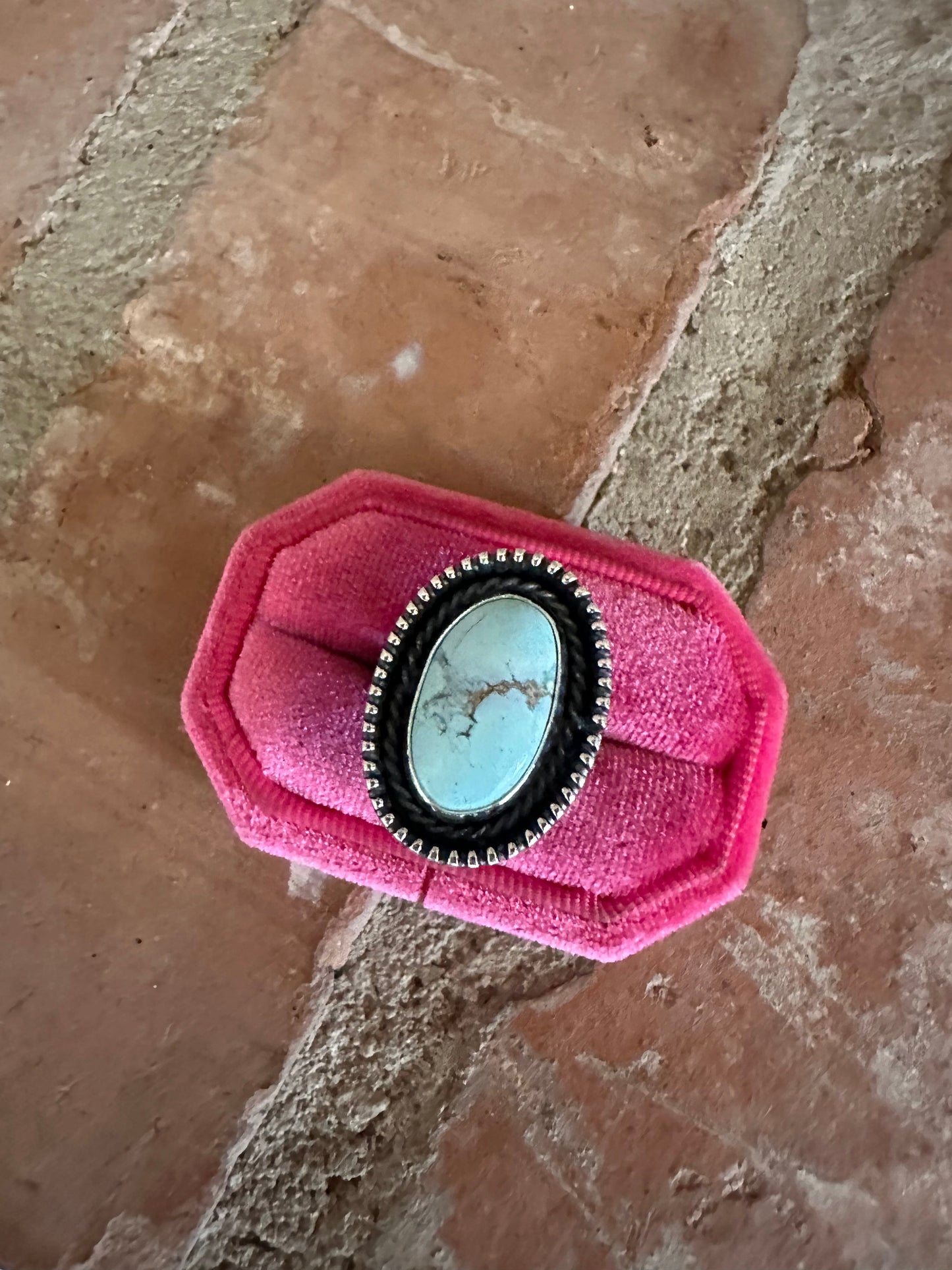 Beautiful Navajo Sterling Silver & Single Stone Golden Hills Turquoise Adjustable Ring Signed