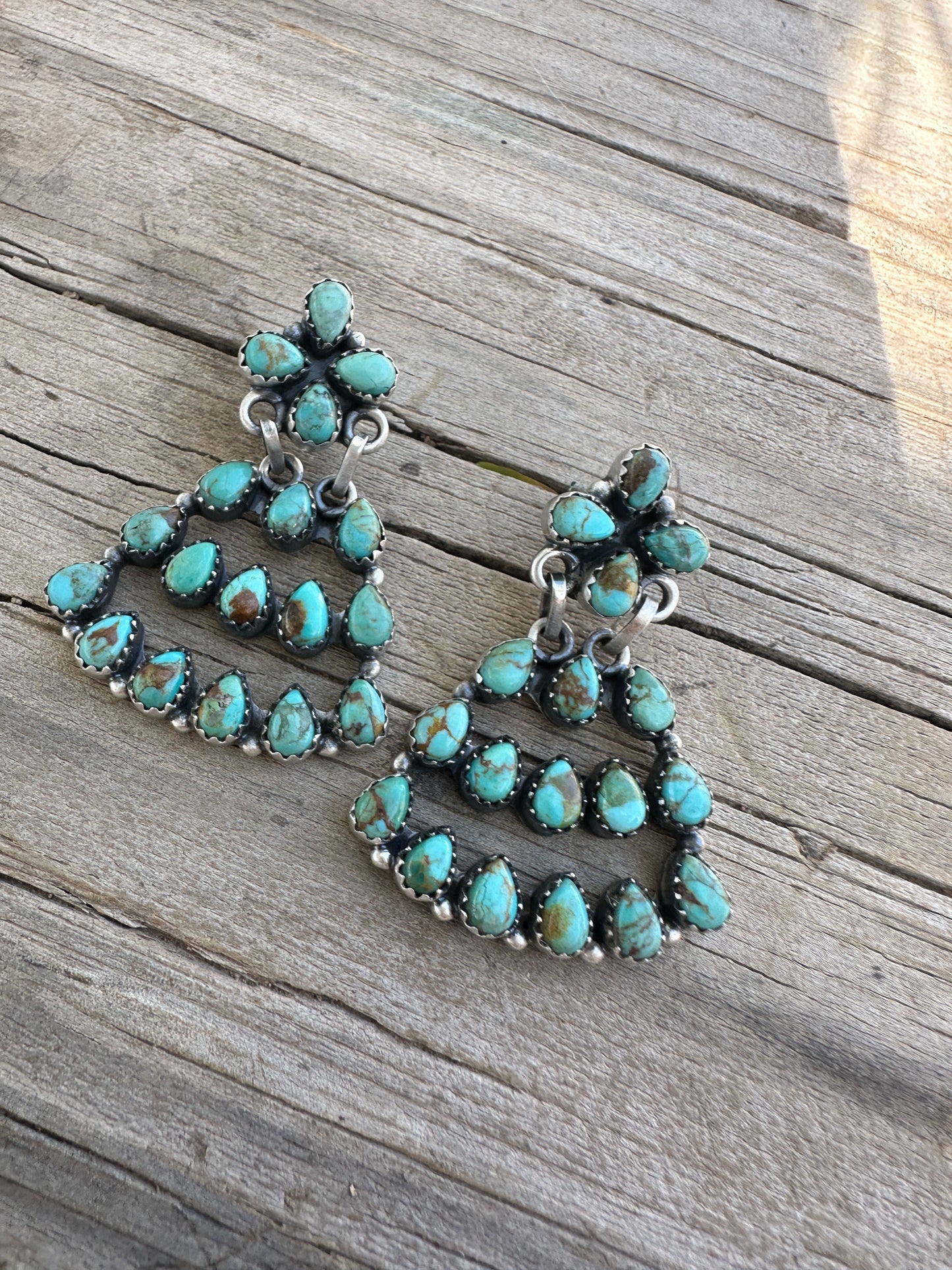 Handmade Sterling Silver & Royston Turquoise Chandelier Dangle Earrings