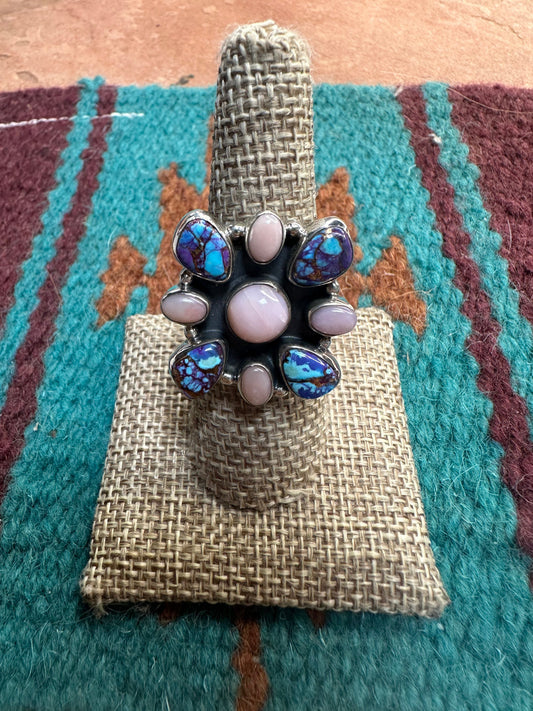 Beautiful Handmade Pink Conch, Purple Dream Mojave And Sterling Silver Adjustable Ring