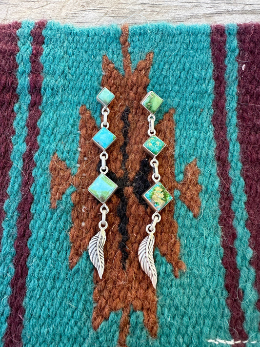 Handmade 3 Stone Sonoran Mountain Turquoise and Sterling Silver Feather Dangles